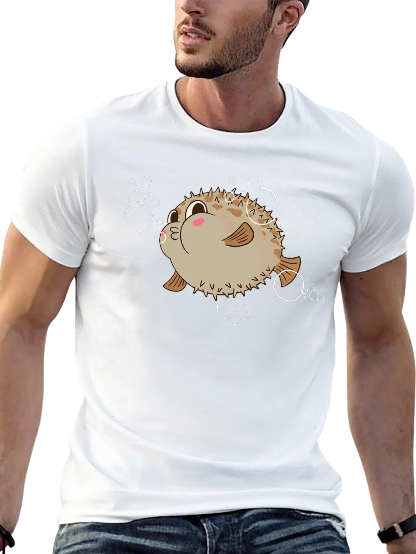 Cute Pufferfish Cartoon Graphic Tee - Black T-Shirt