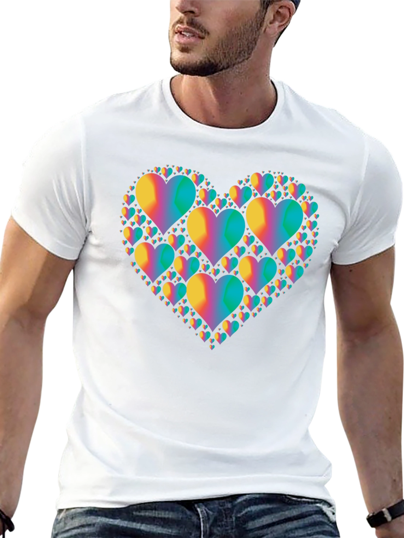 Rainbow Heart Cluster Graphic Tee - Black Cotton T-Shirt