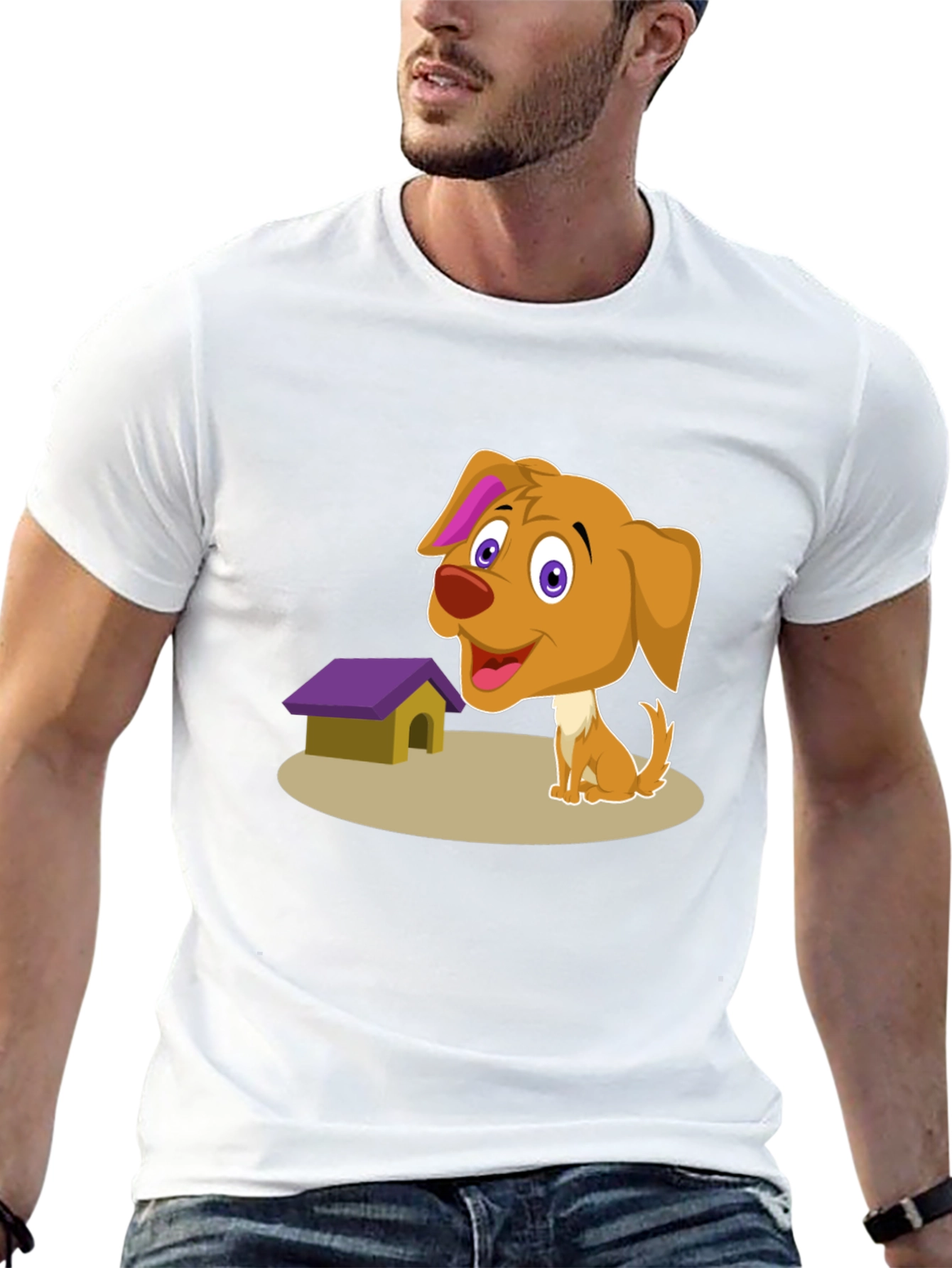 Cartoon Dog & Doghouse T-Shirt - Black
