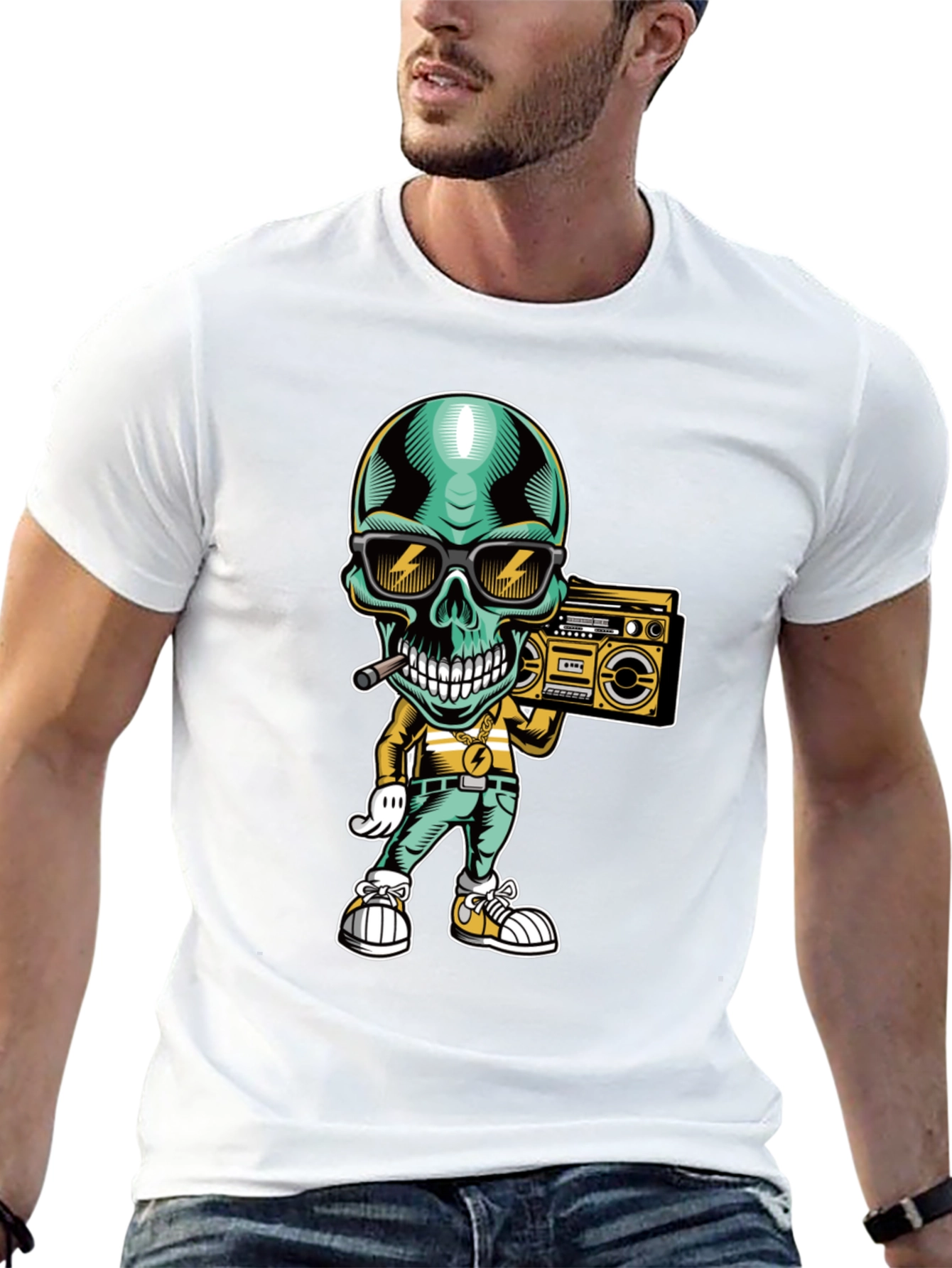 Cool Skull Boombox Graphic T-Shirt