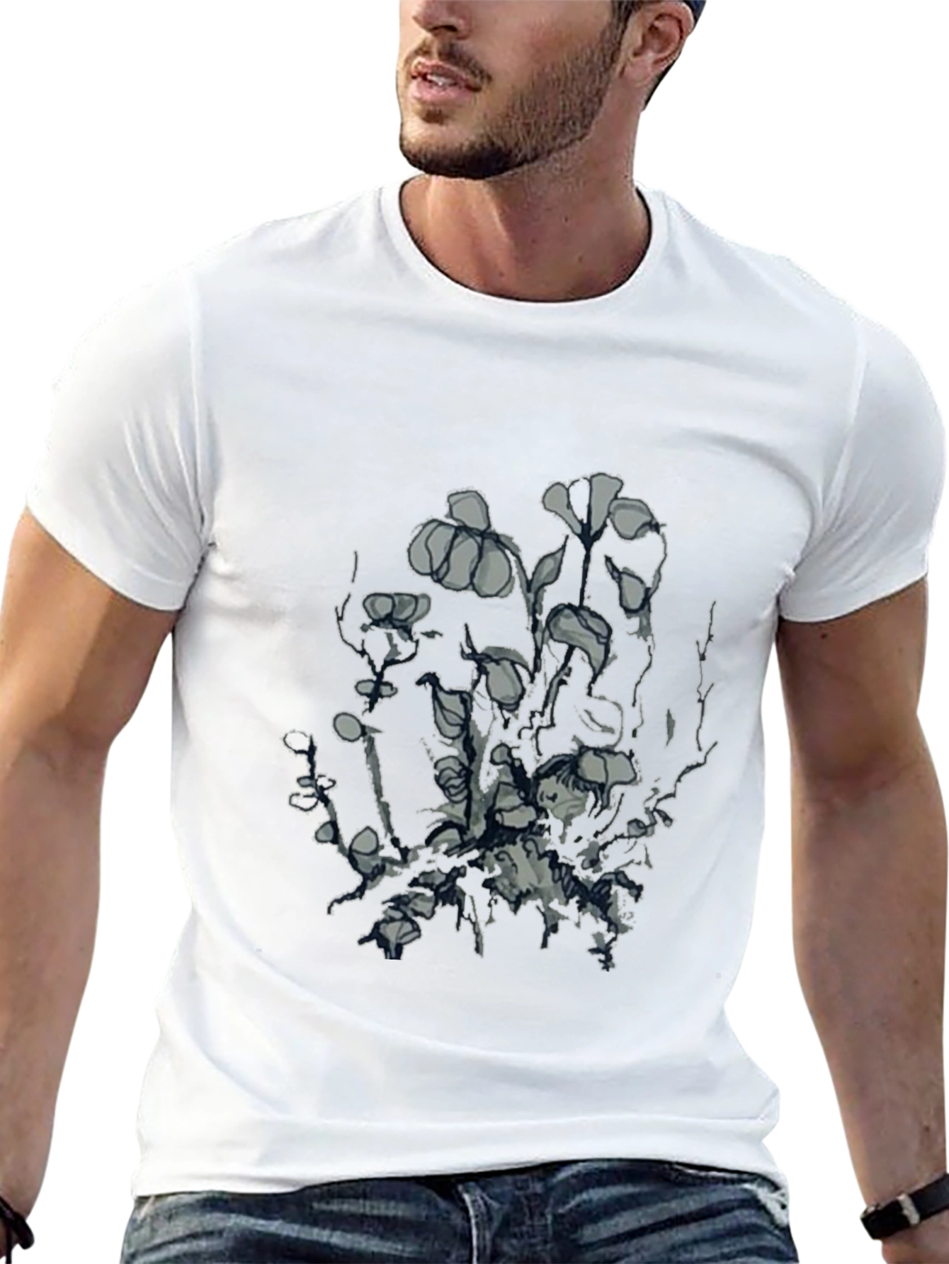 Mens Black Graphic Tee - Unique Floral Design