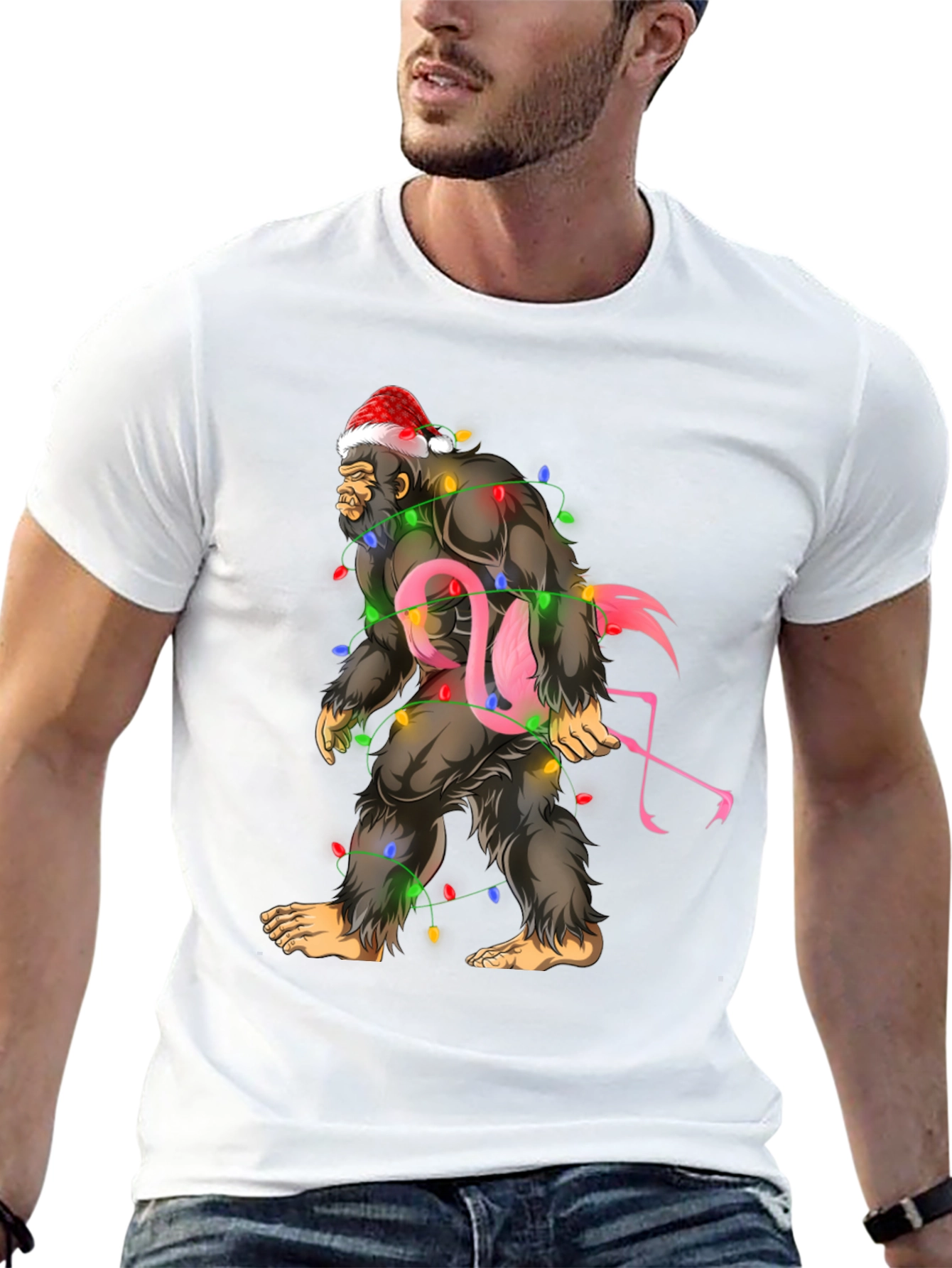 Sasquatch Flamingo Christmas Lights Graphic Tee