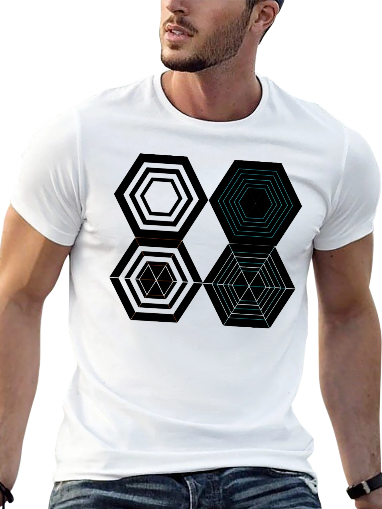 Geometric Hexagon Pattern Black T-Shirt