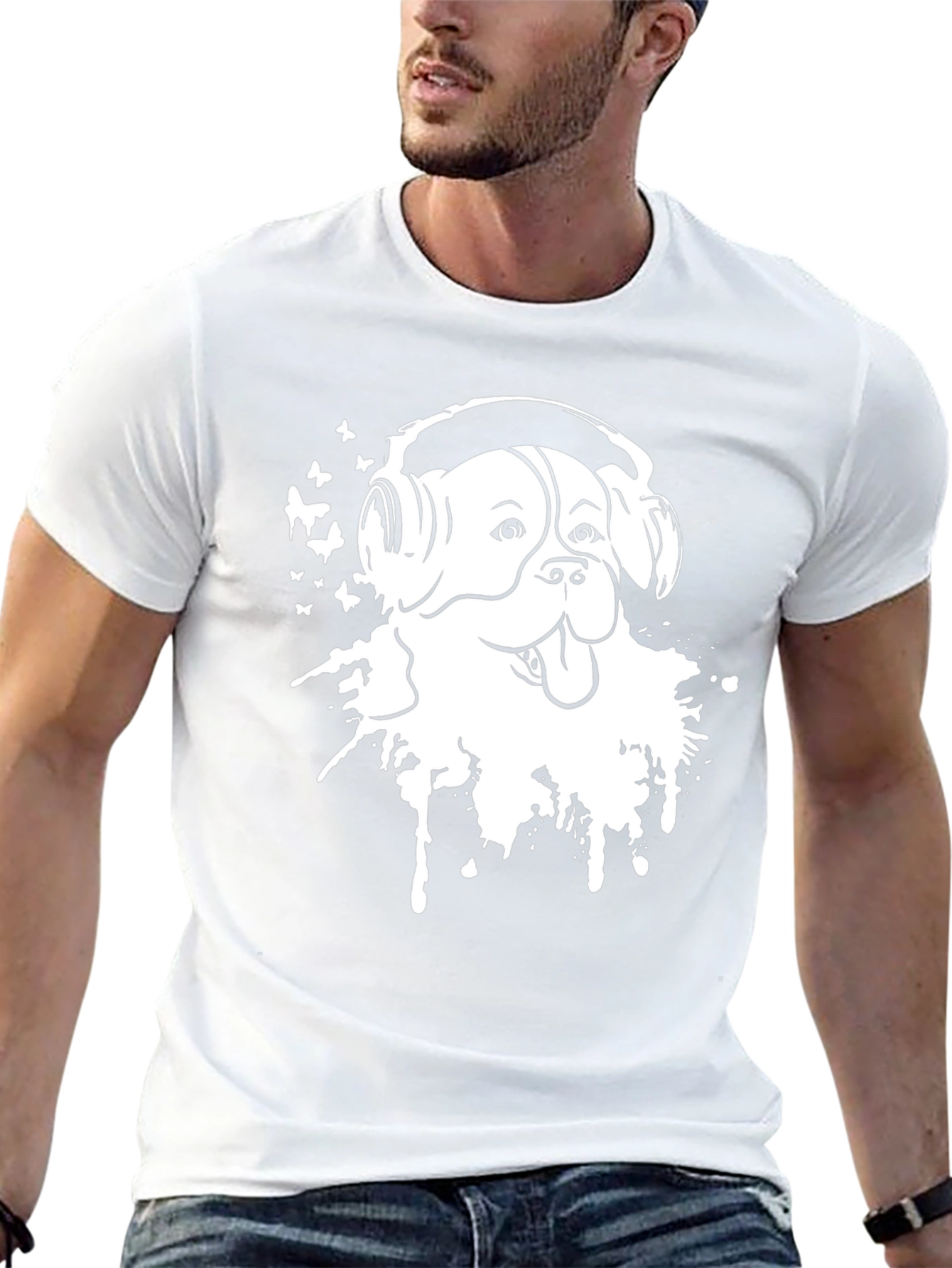 Dog with Headphones Black T-Shirt
