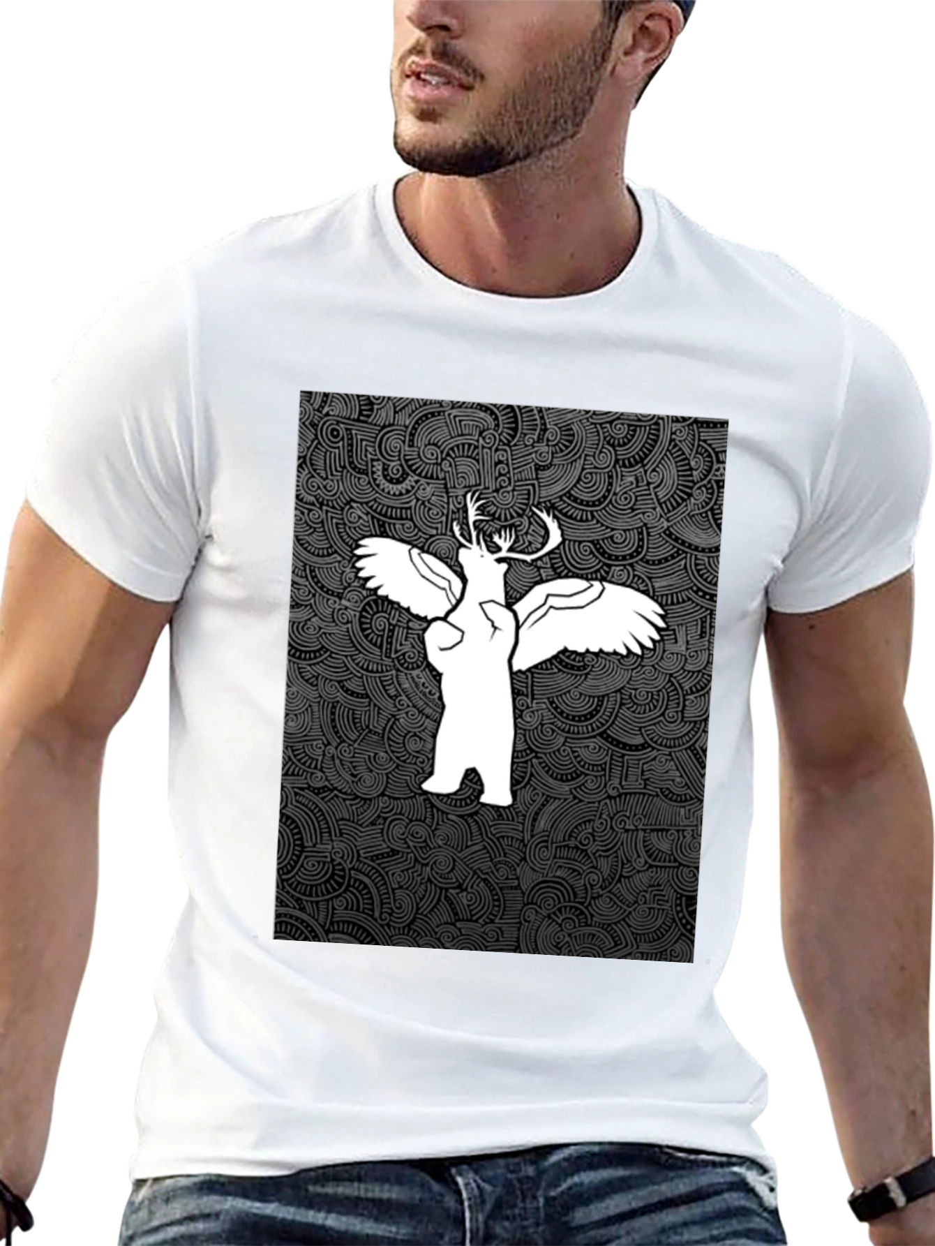 Unique Graphic Print Tee - Bear Deer Angel Fusion