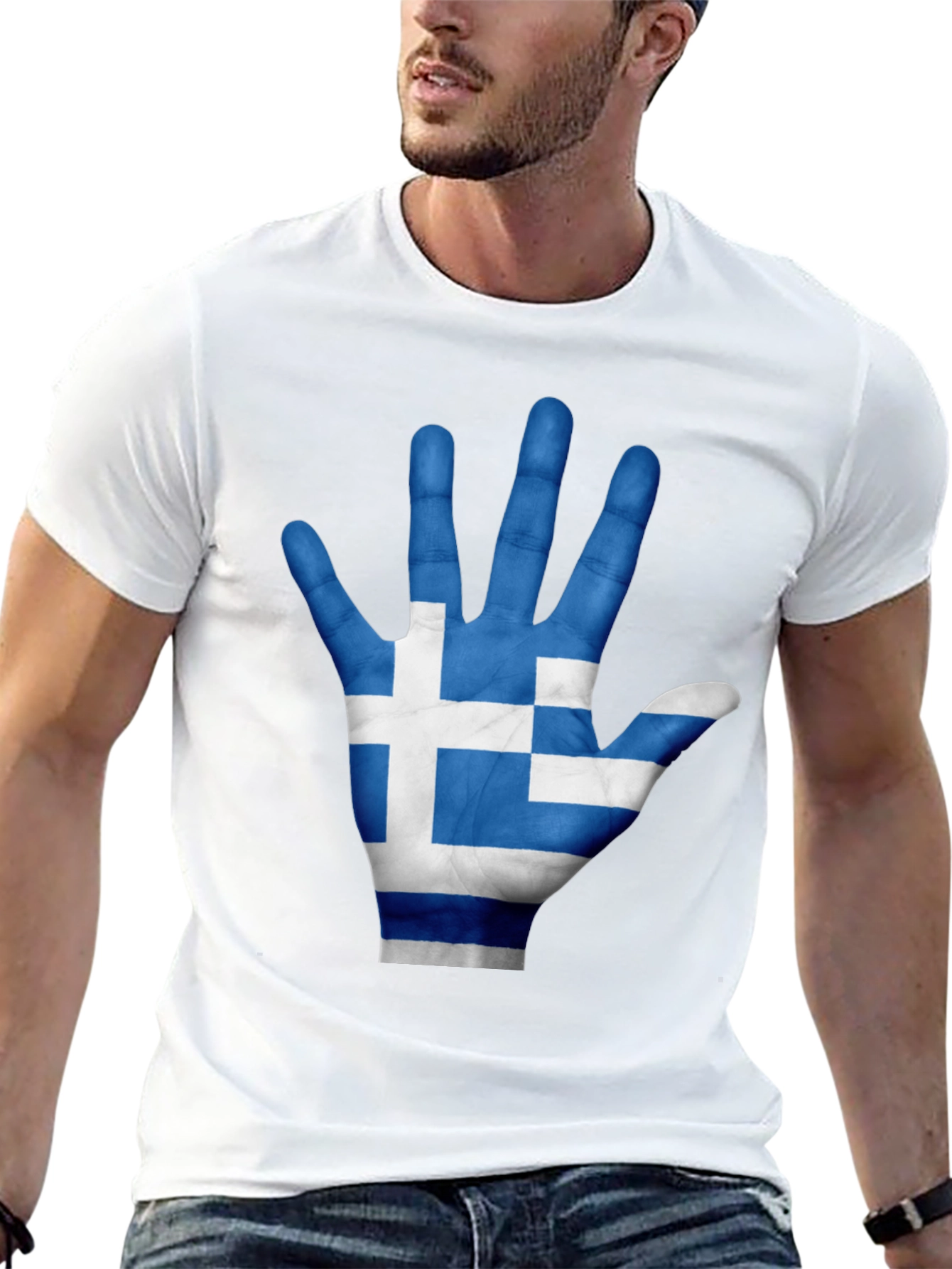 Greek Flag Hand Print Black T-Shirt