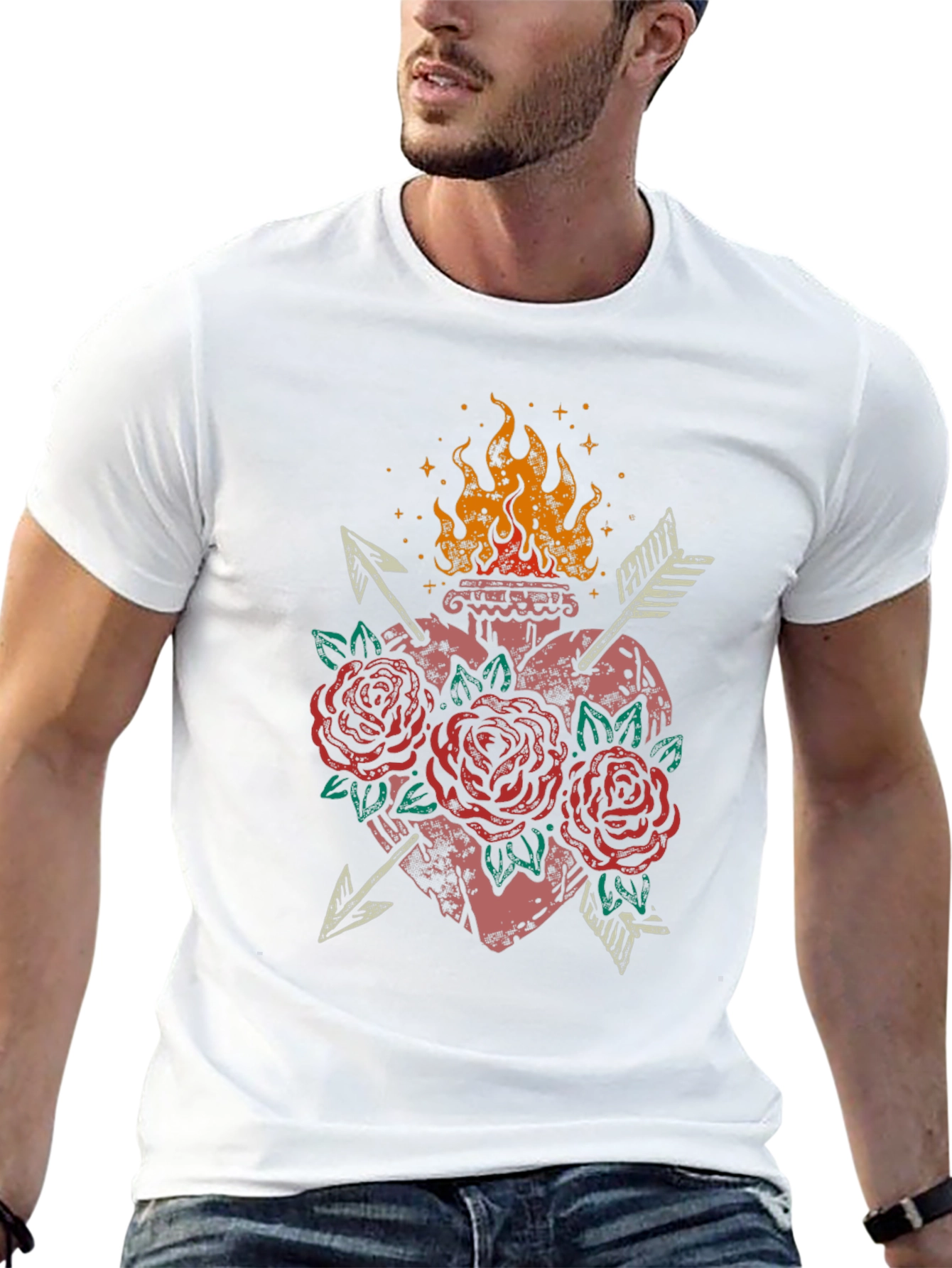 Flaming Heart Roses Arrows Graphic Tee