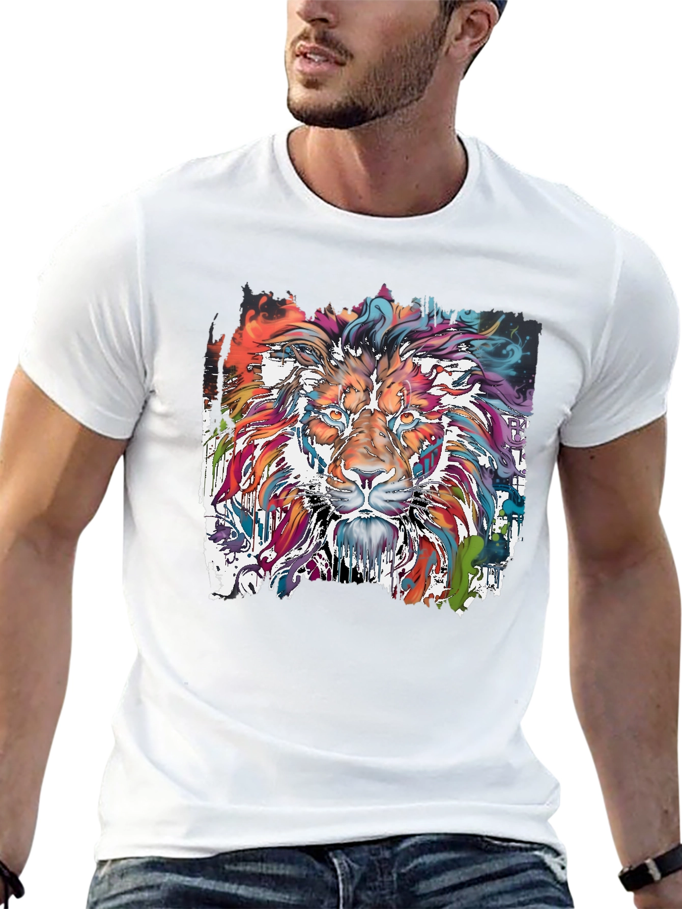 Vibrant Lion Graphic Tee - Stylish Mens T-Shirt