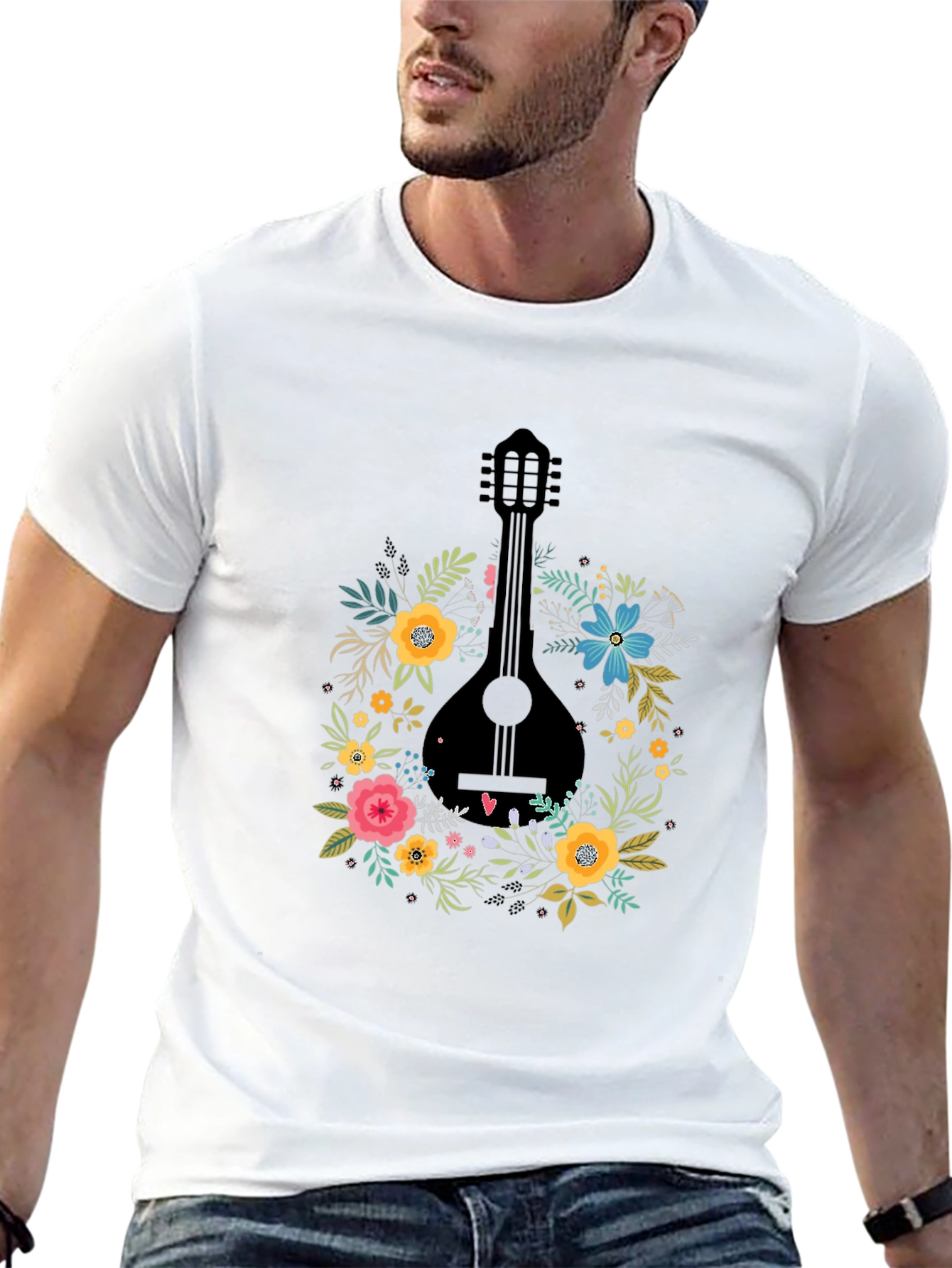 Floral Mandolin Graphic Tee - Black Cotton T-Shirt