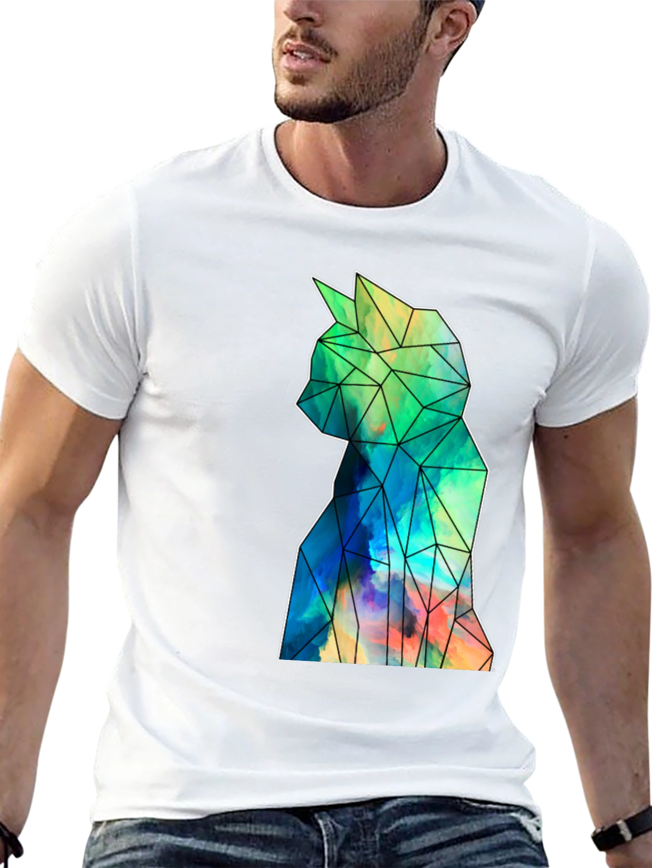 Geometric Cat Art Black T-Shirt - Stylish Mens Tee