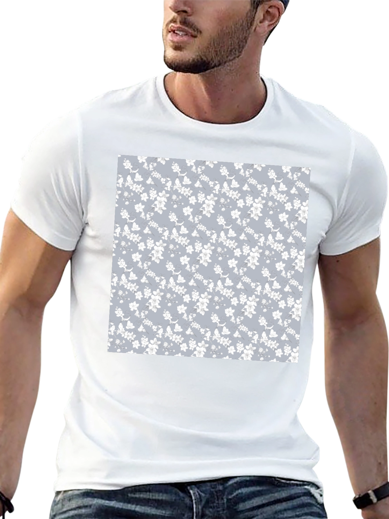 Floral Pattern T-Shirt - Black Cotton Blend