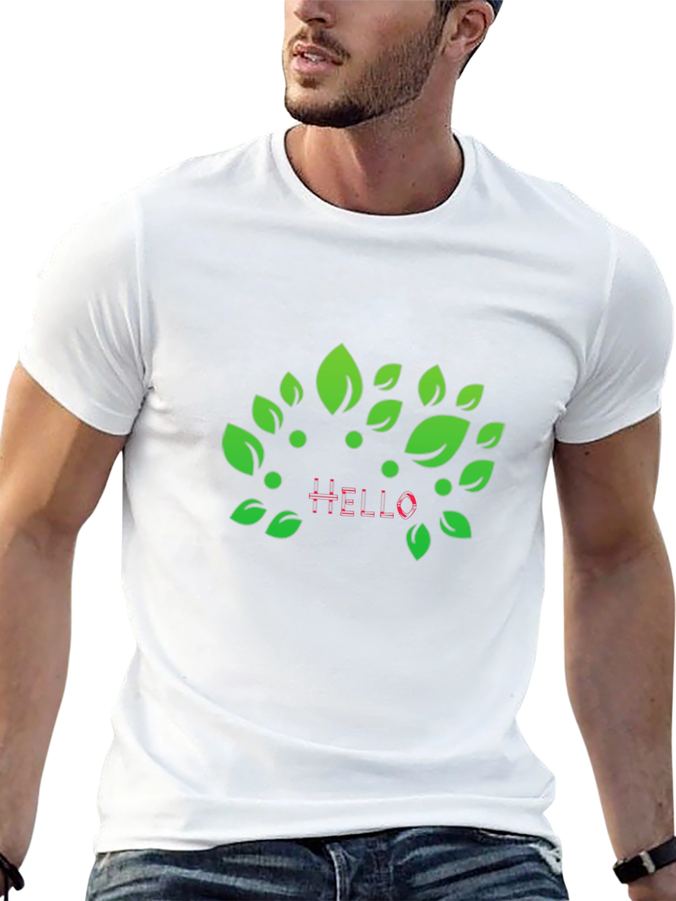 Natures Hello: Black T-Shirt with Leaf Design
