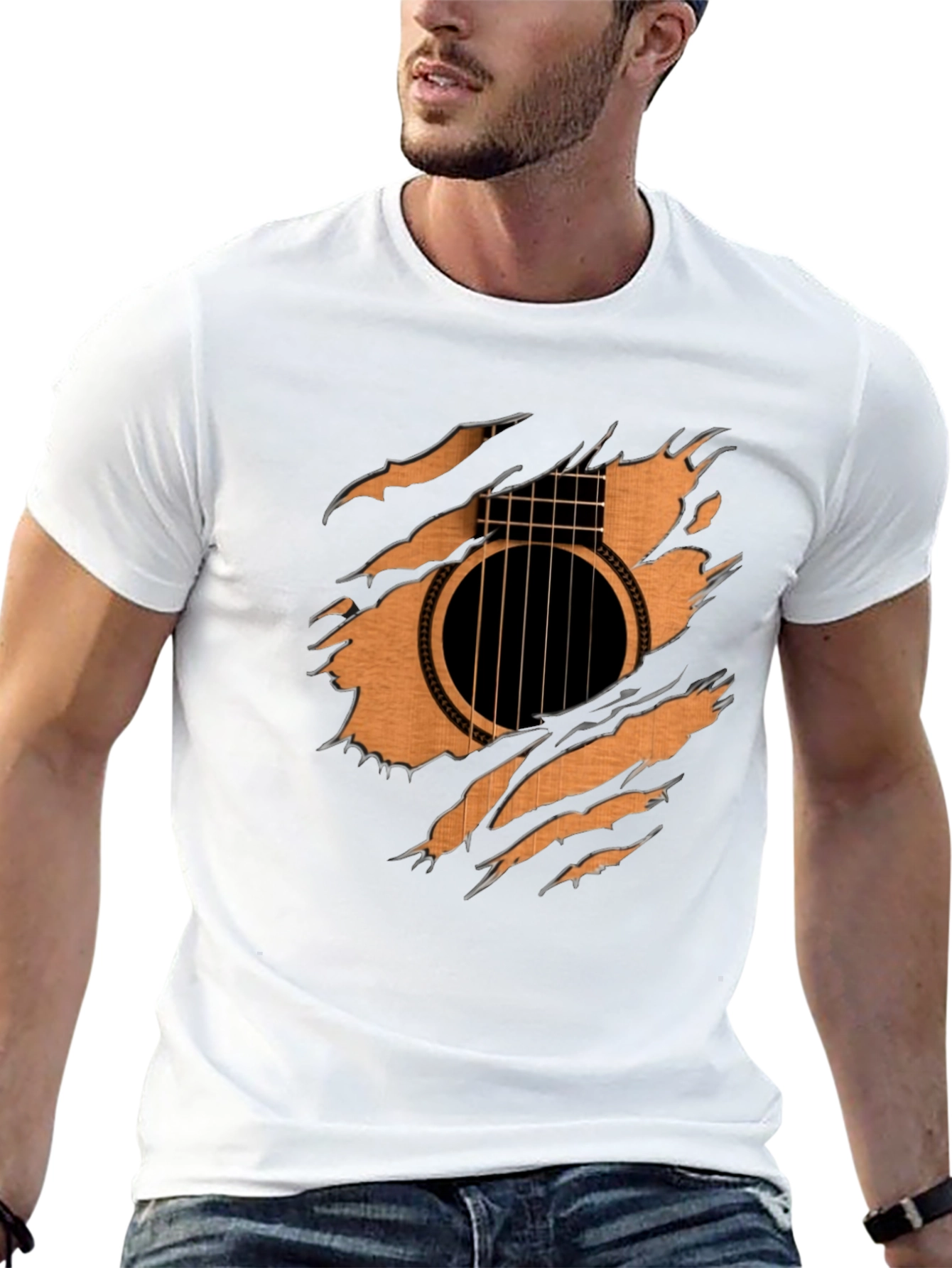Guitar Inside T-Shirt - Ripped Effect Design