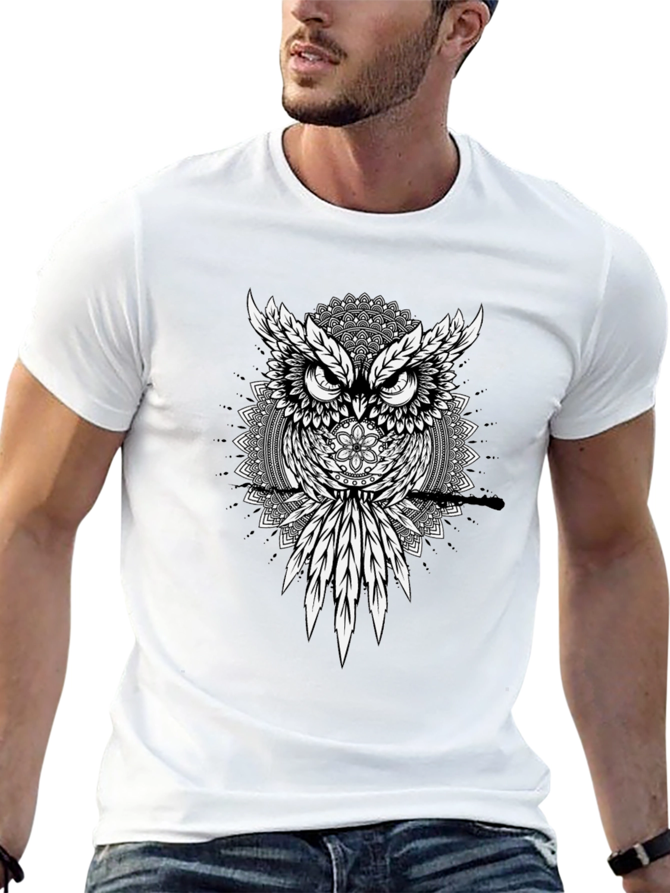 Owl Mandala Graphic Print Black T-Shirt