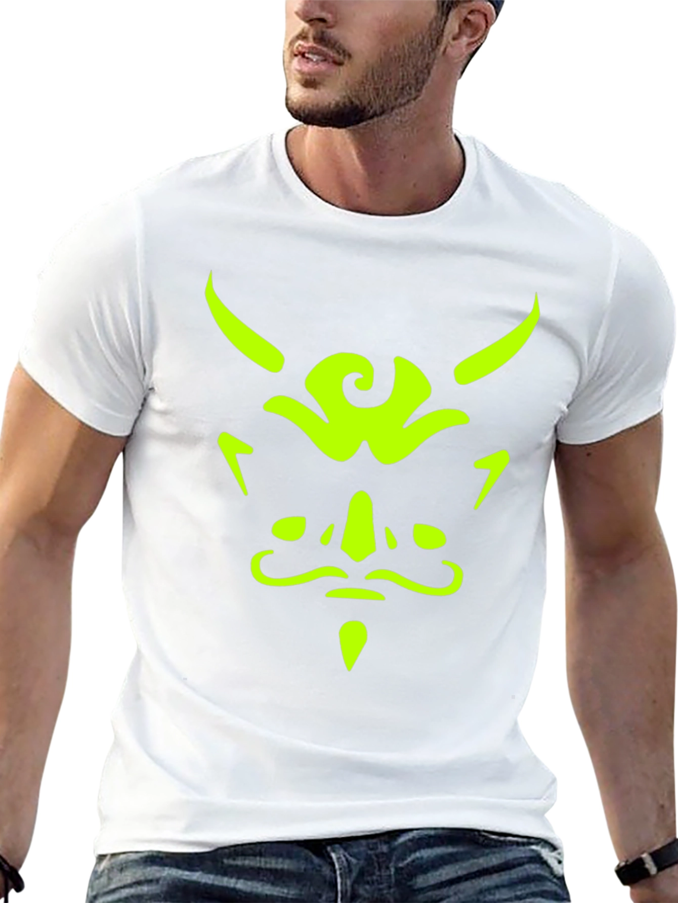 Mens Black T-Shirt with Neon Green Demon Face Graphic
