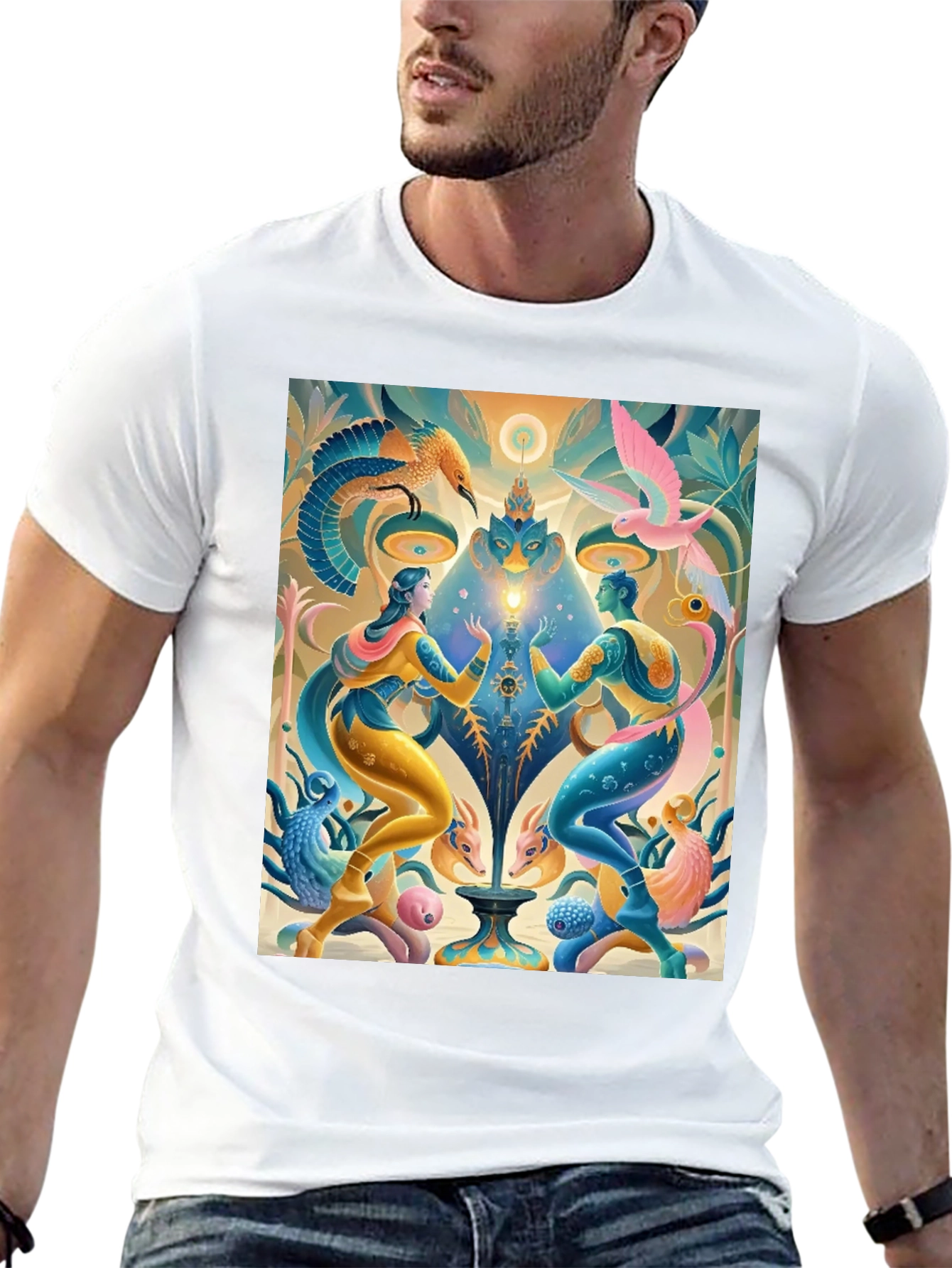 Artistic T-Shirt: Mystical Bird and Figure Design