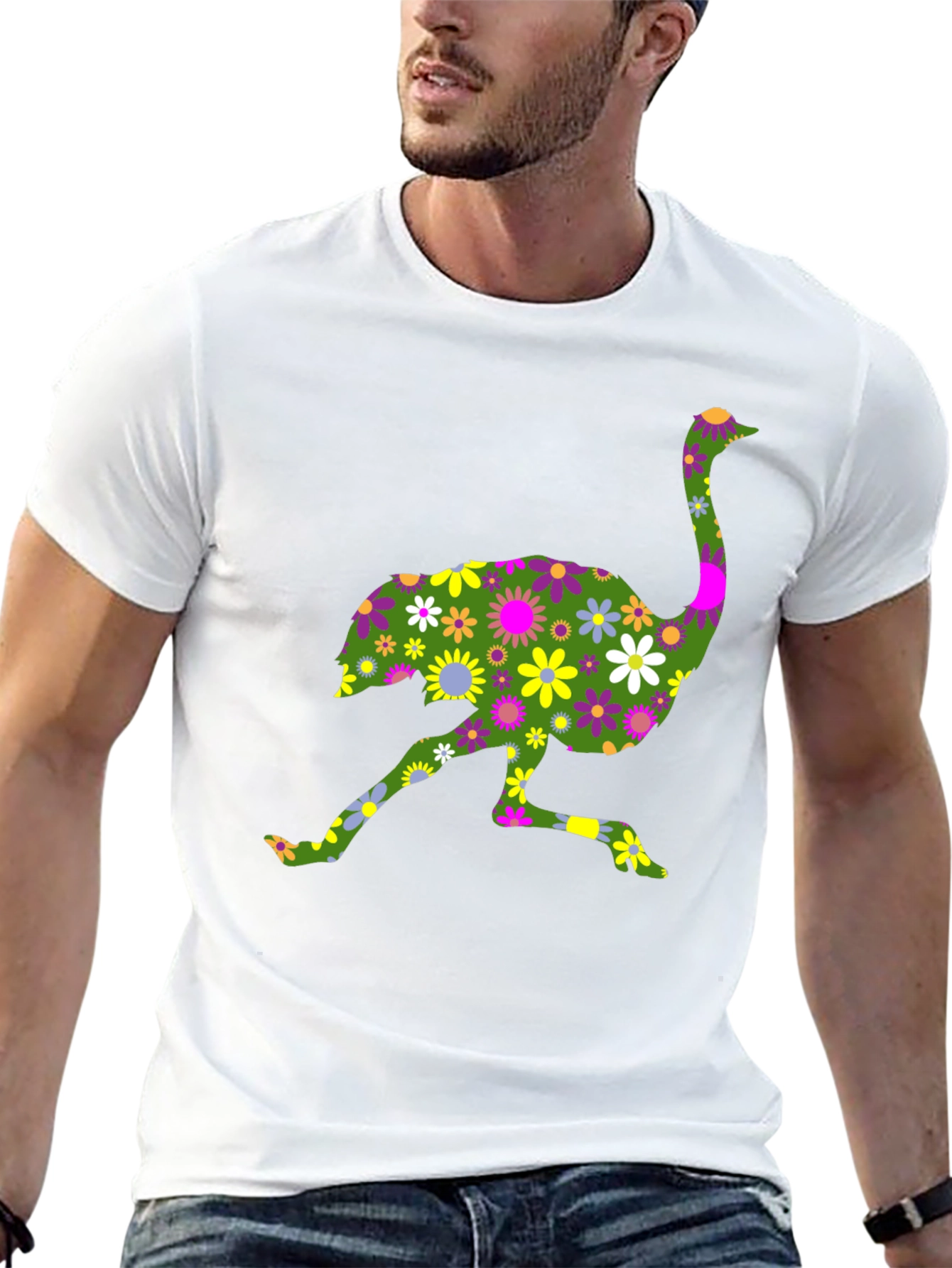 Floral Ostrich Graphic Tee - Unique Novelty Shirt