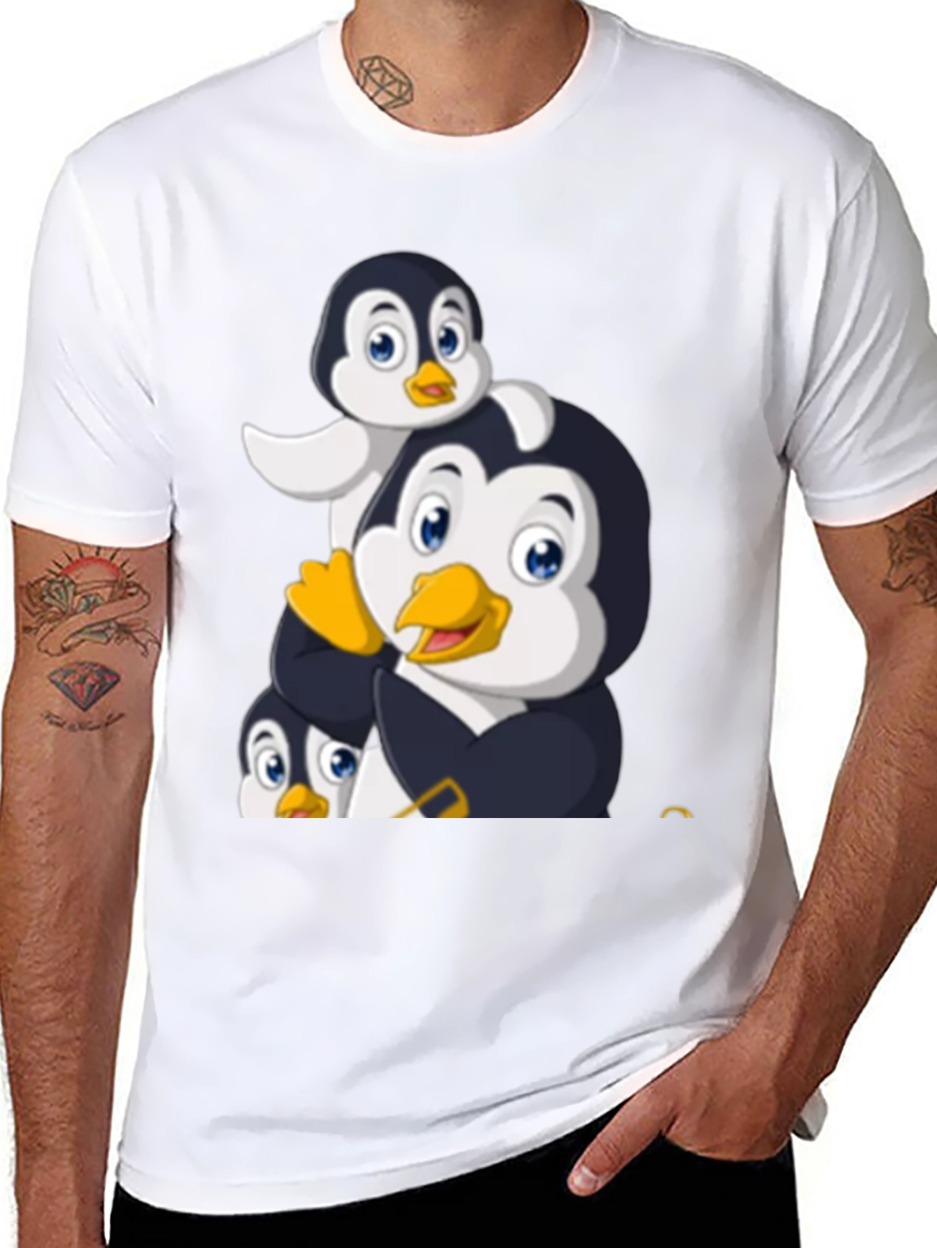 Penguin Family Graphic Tee - Black Cotton T-Shirt