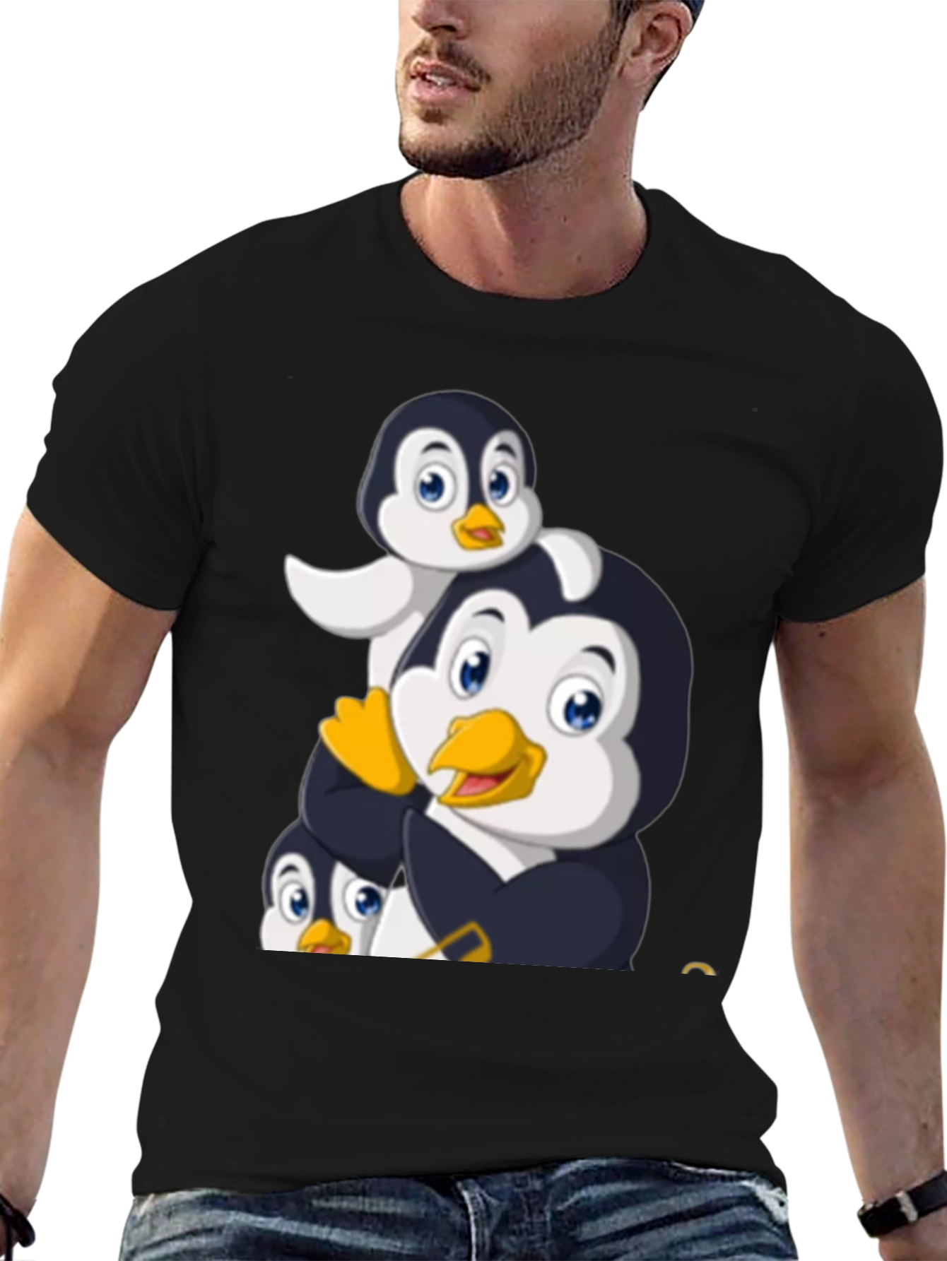 Penguin Family Graphic Tee - Black Cotton T-Shirt