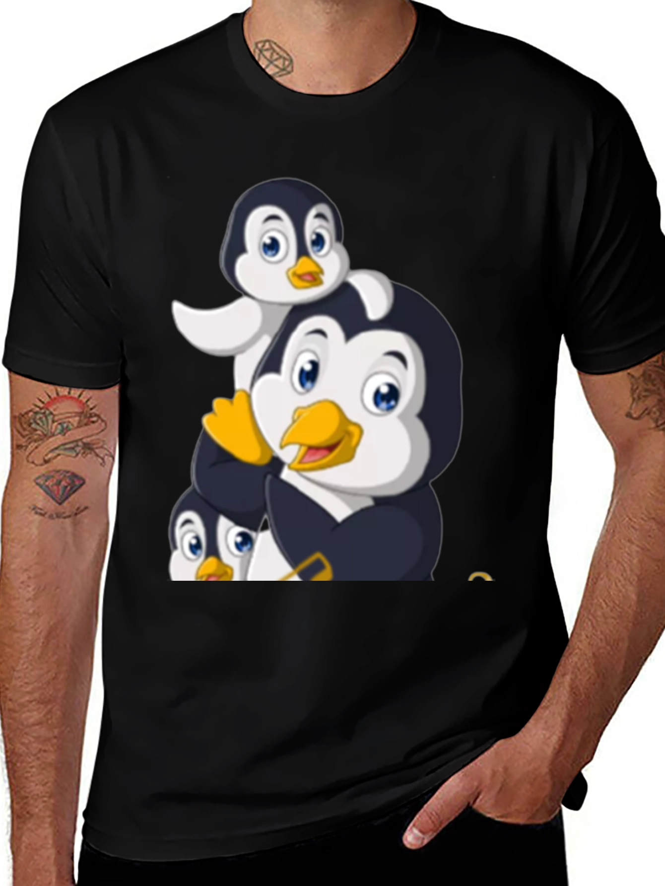 Penguin Family Graphic Tee - Black Cotton T-Shirt