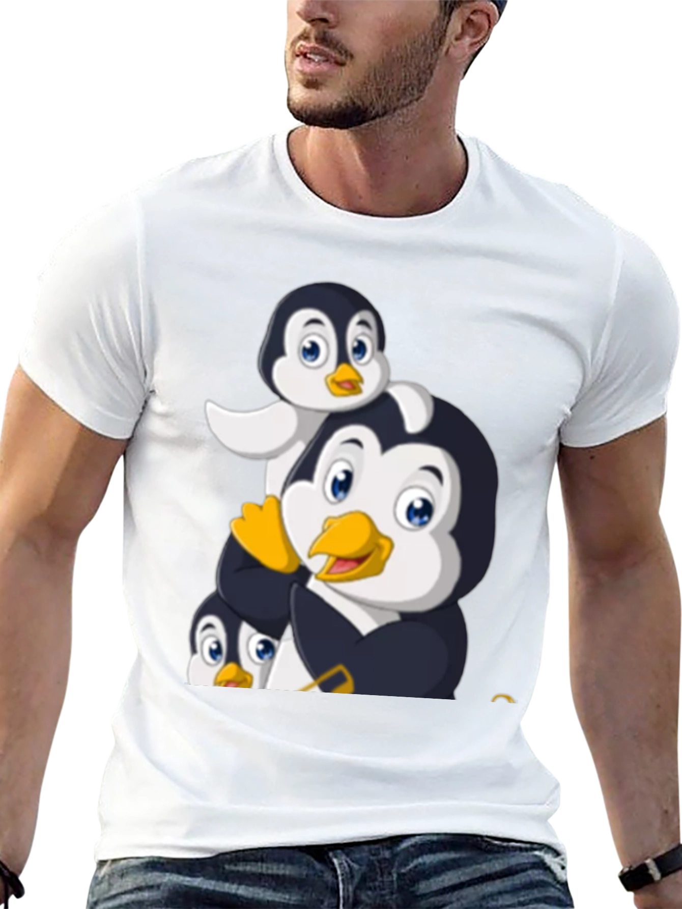 Penguin Family Graphic Tee - Black Cotton T-Shirt