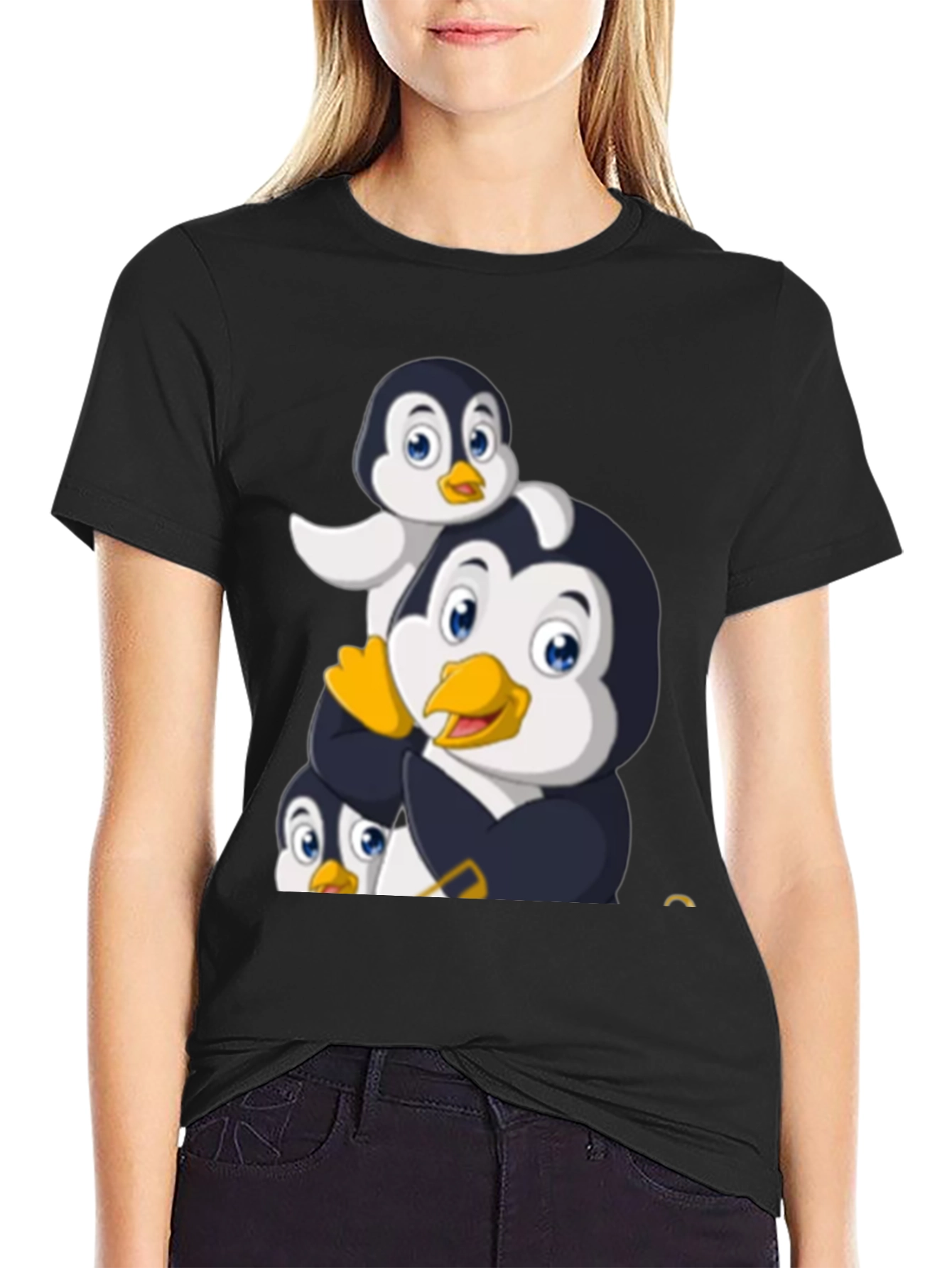 Penguin Family Graphic Tee - Black Cotton T-Shirt