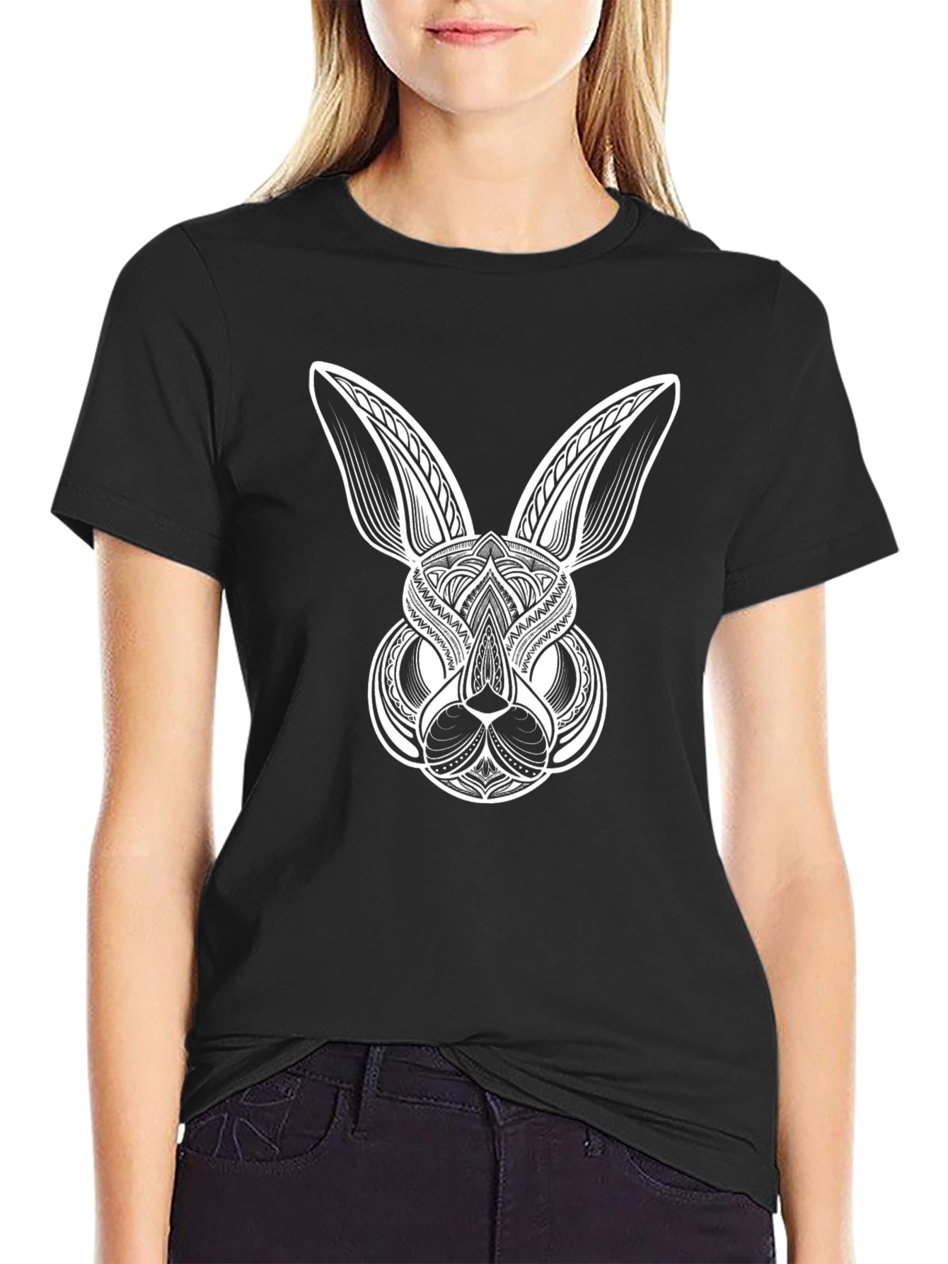 Abstract Bunny Graphic Tee - Black Cotton