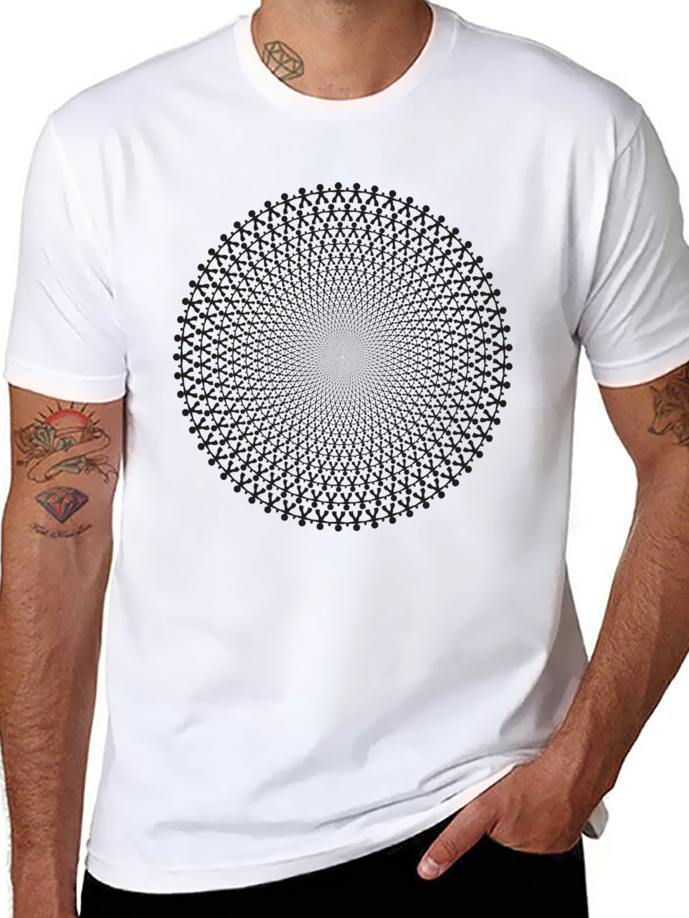 Black Geometric Circle Pattern Crew Neck T-Shirt
