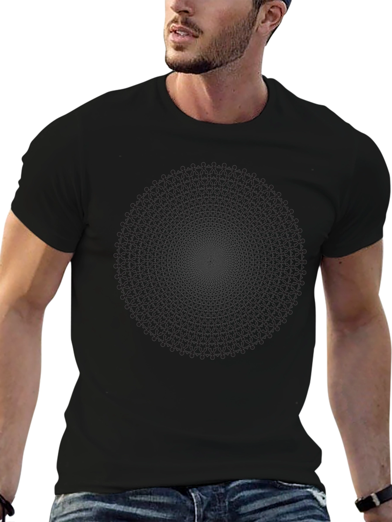 Black Geometric Circle Pattern Crew Neck T-Shirt