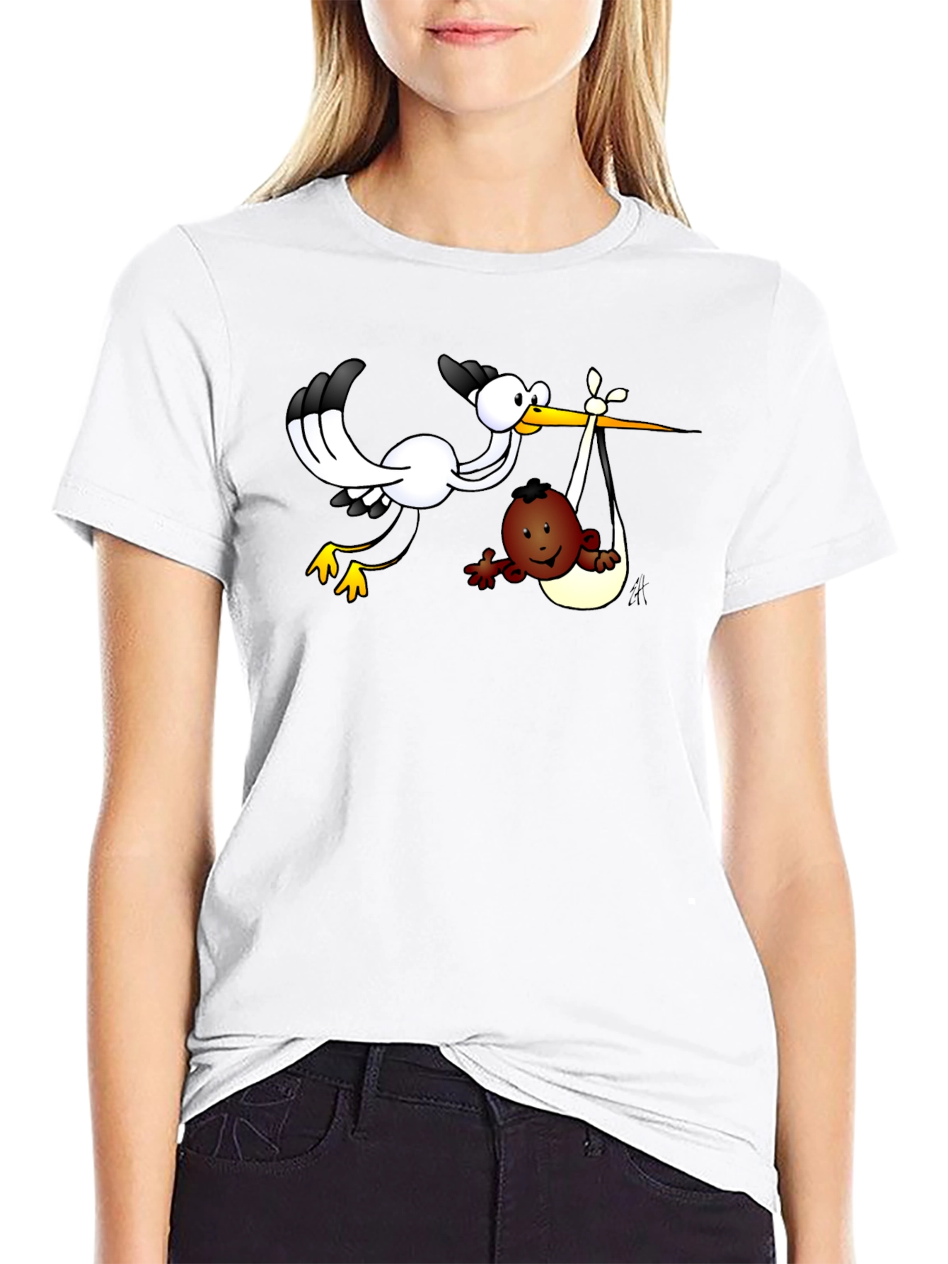 Stork Delivering Baby T-Shirt - Black Cotton Tee