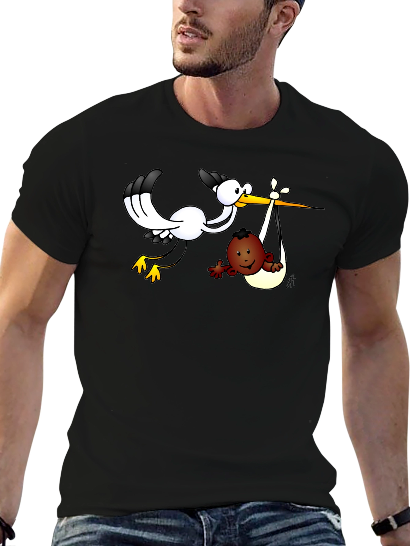 Stork Delivering Baby T-Shirt - Black Cotton Tee