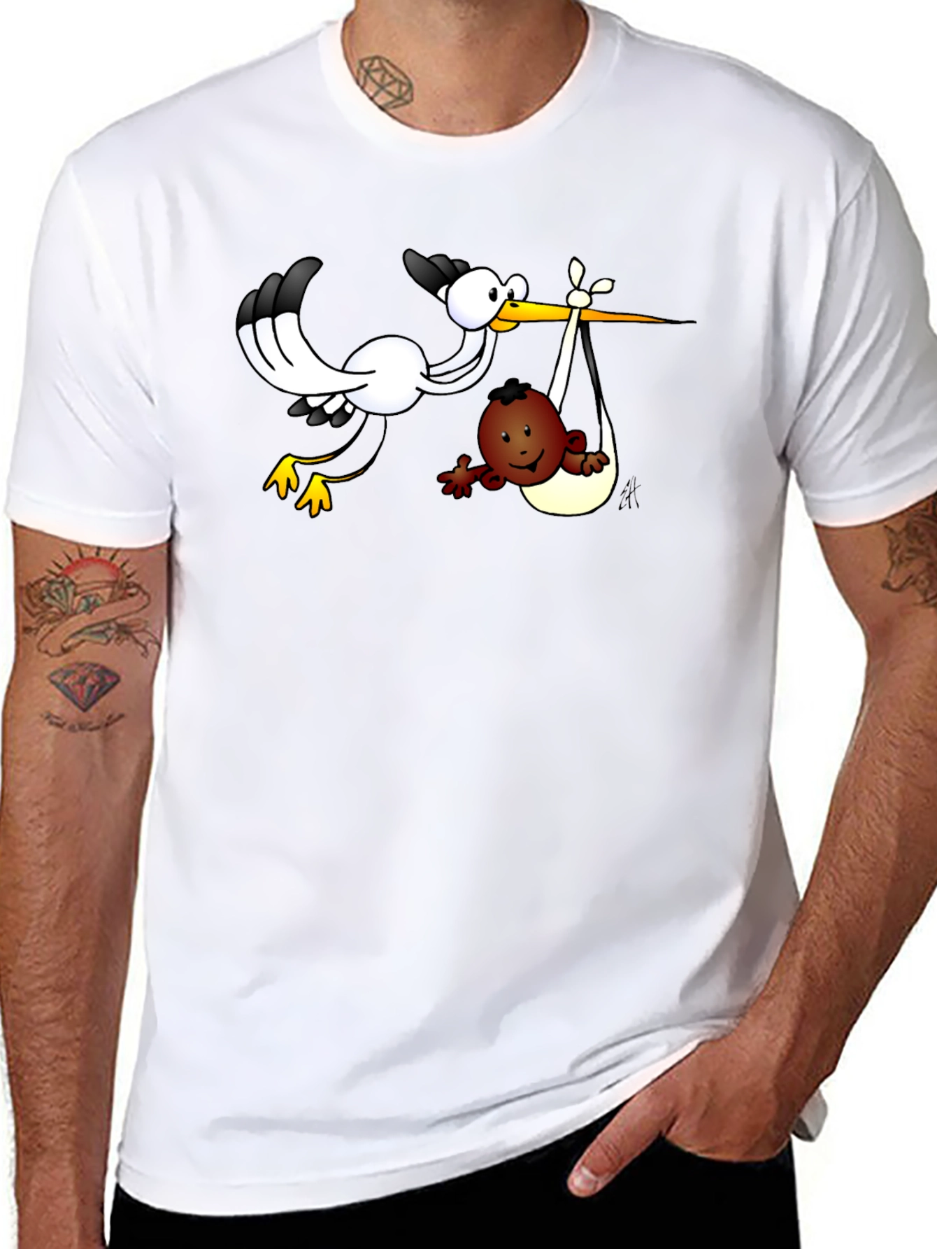 Stork Delivering Baby T-Shirt - Black Cotton Tee
