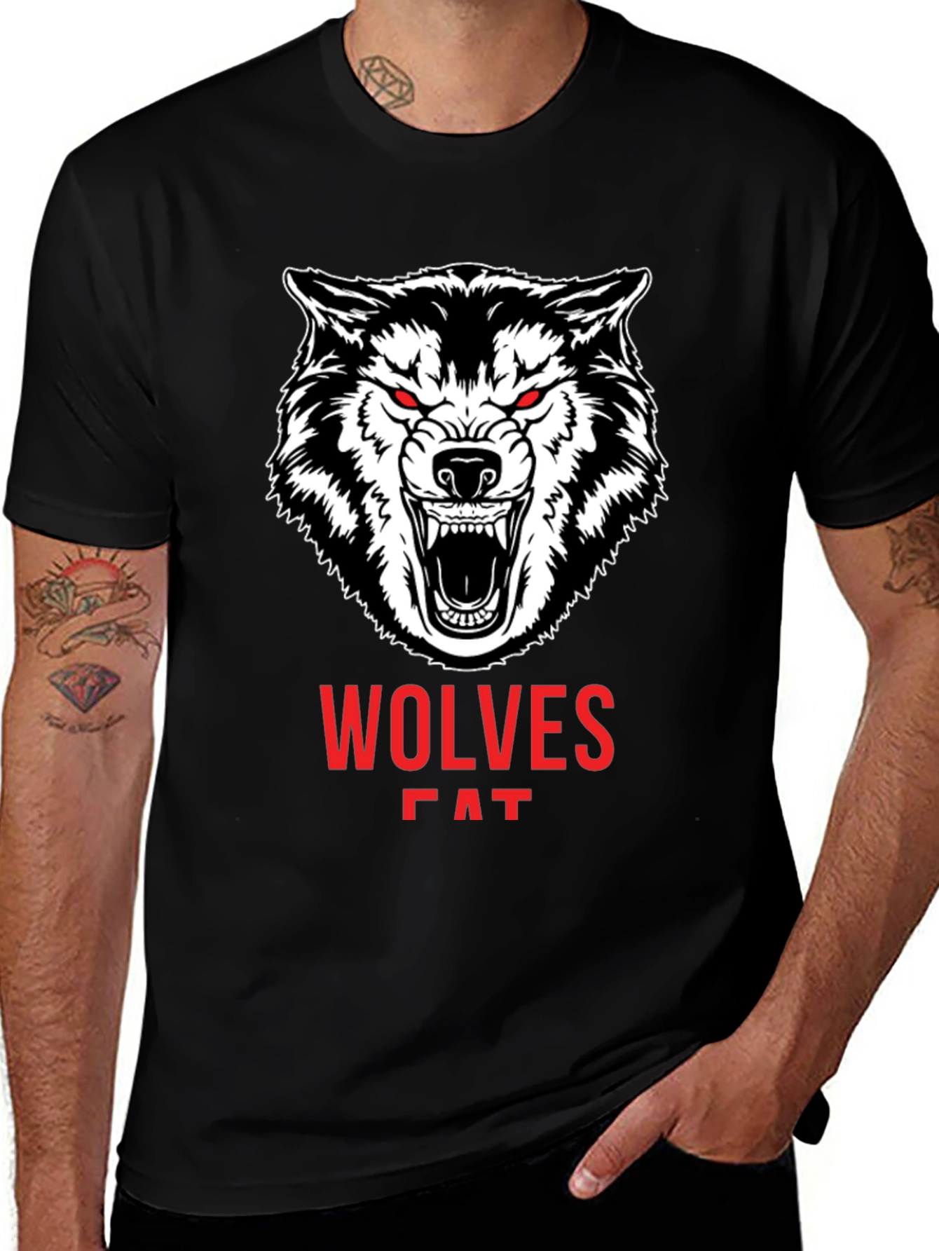 Mens Black Wolves Graphic Print Crew Neck T-Shirt