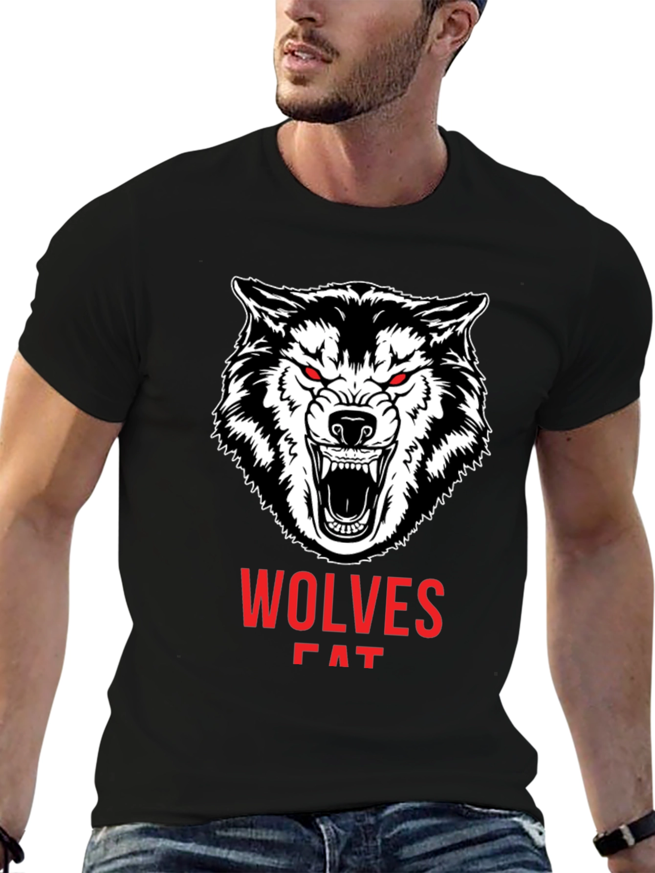 Mens Black Wolves Graphic Print Crew Neck T-Shirt