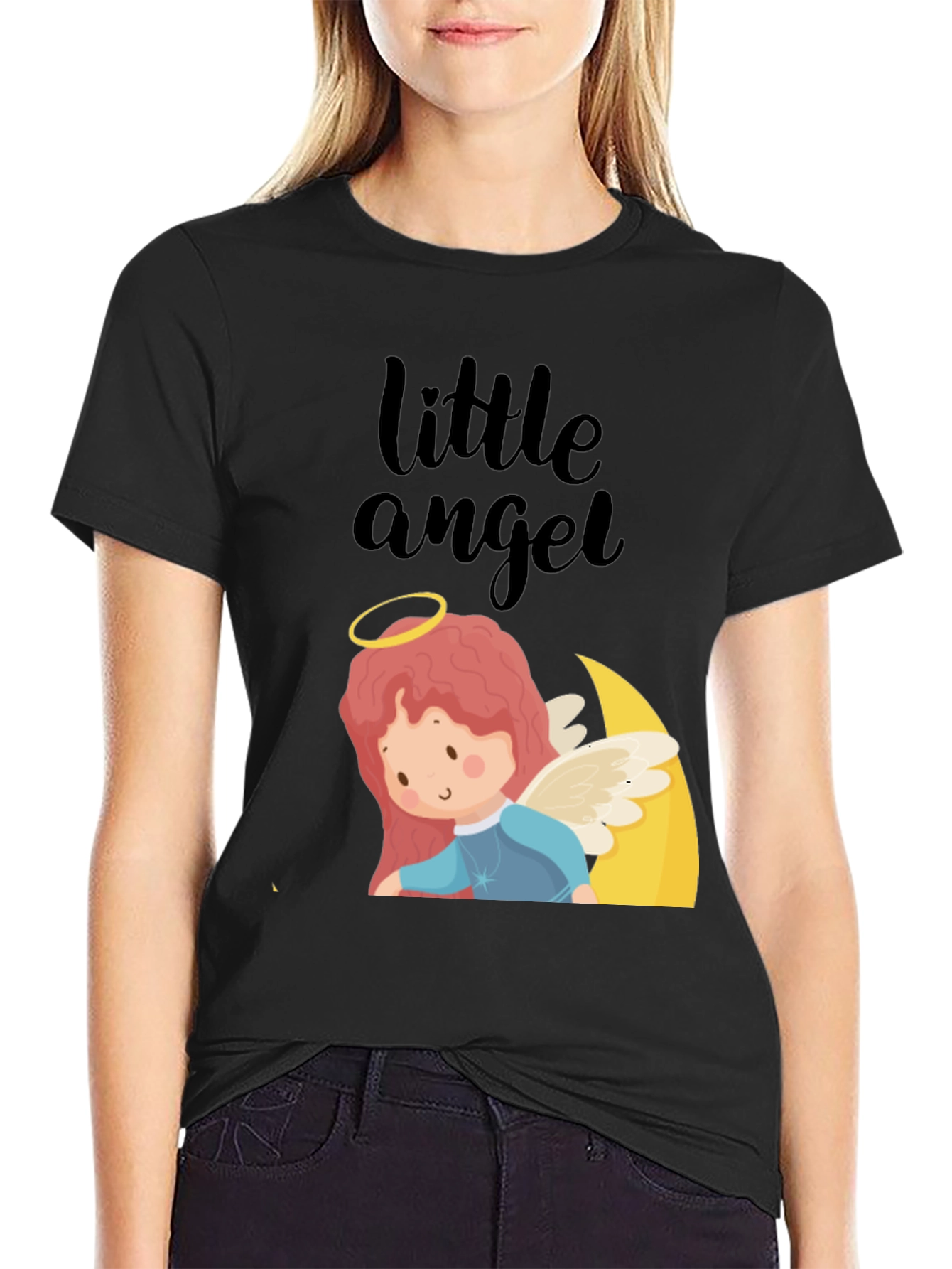 Cute Little Angel Graphic Tee - Black