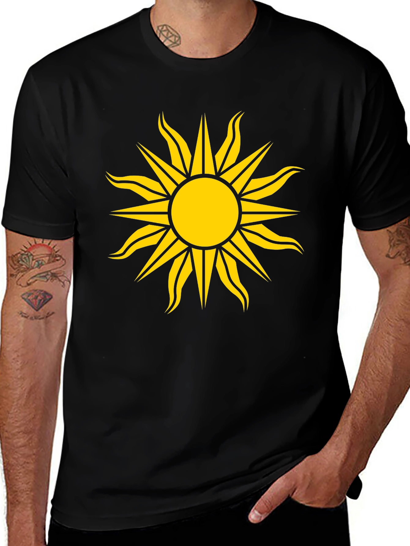 Black Tee with Bold Yellow Sun Design