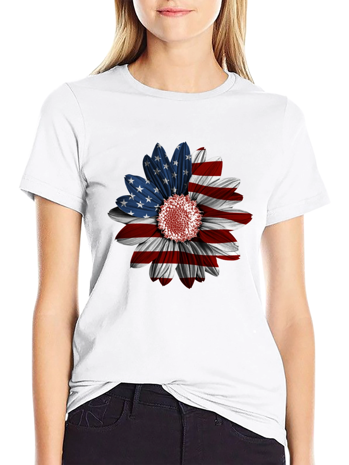 American Flag Sunflower Graphic Tee - Patriotic Style