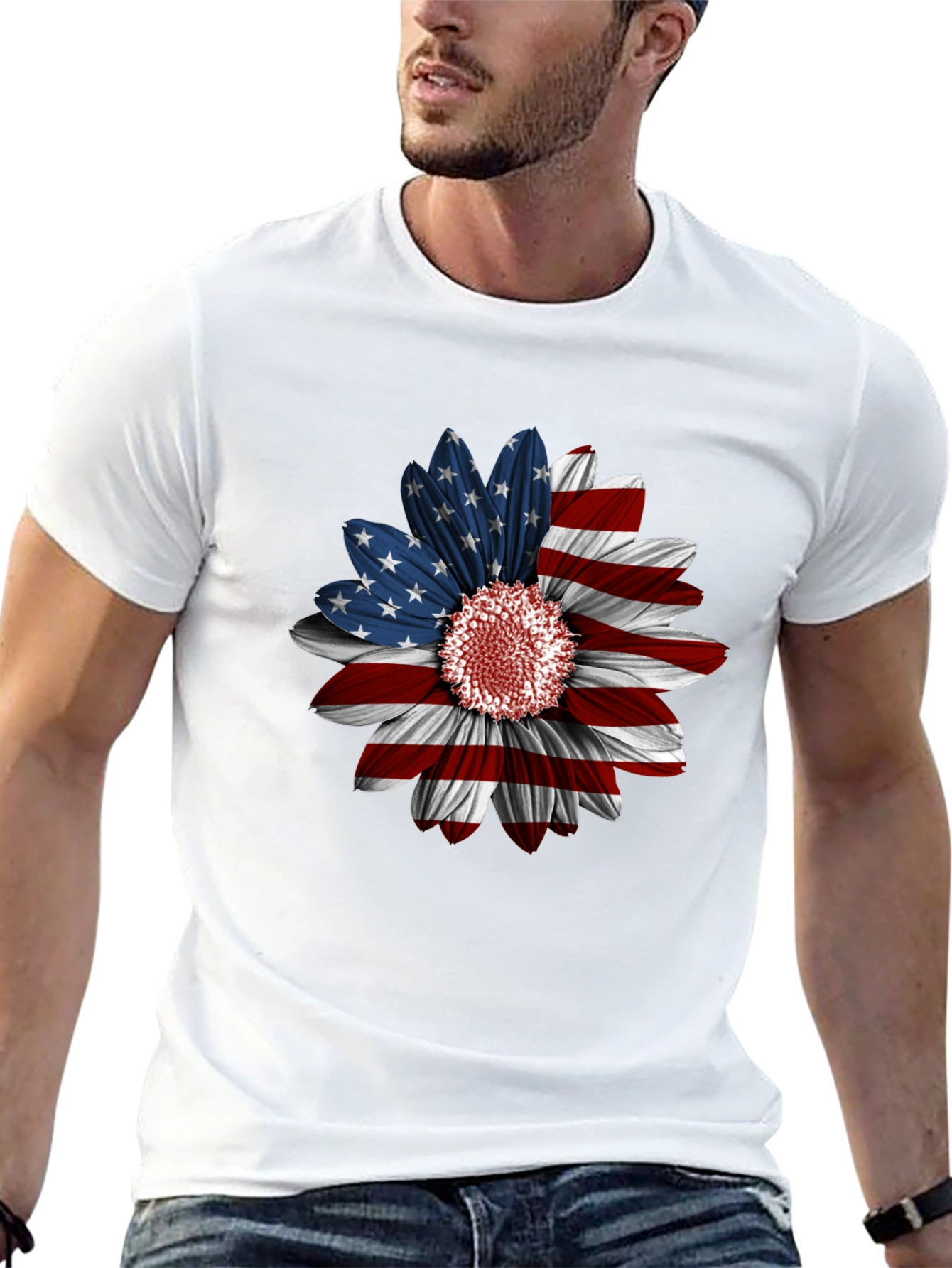 American Flag Sunflower Graphic Tee - Patriotic Style