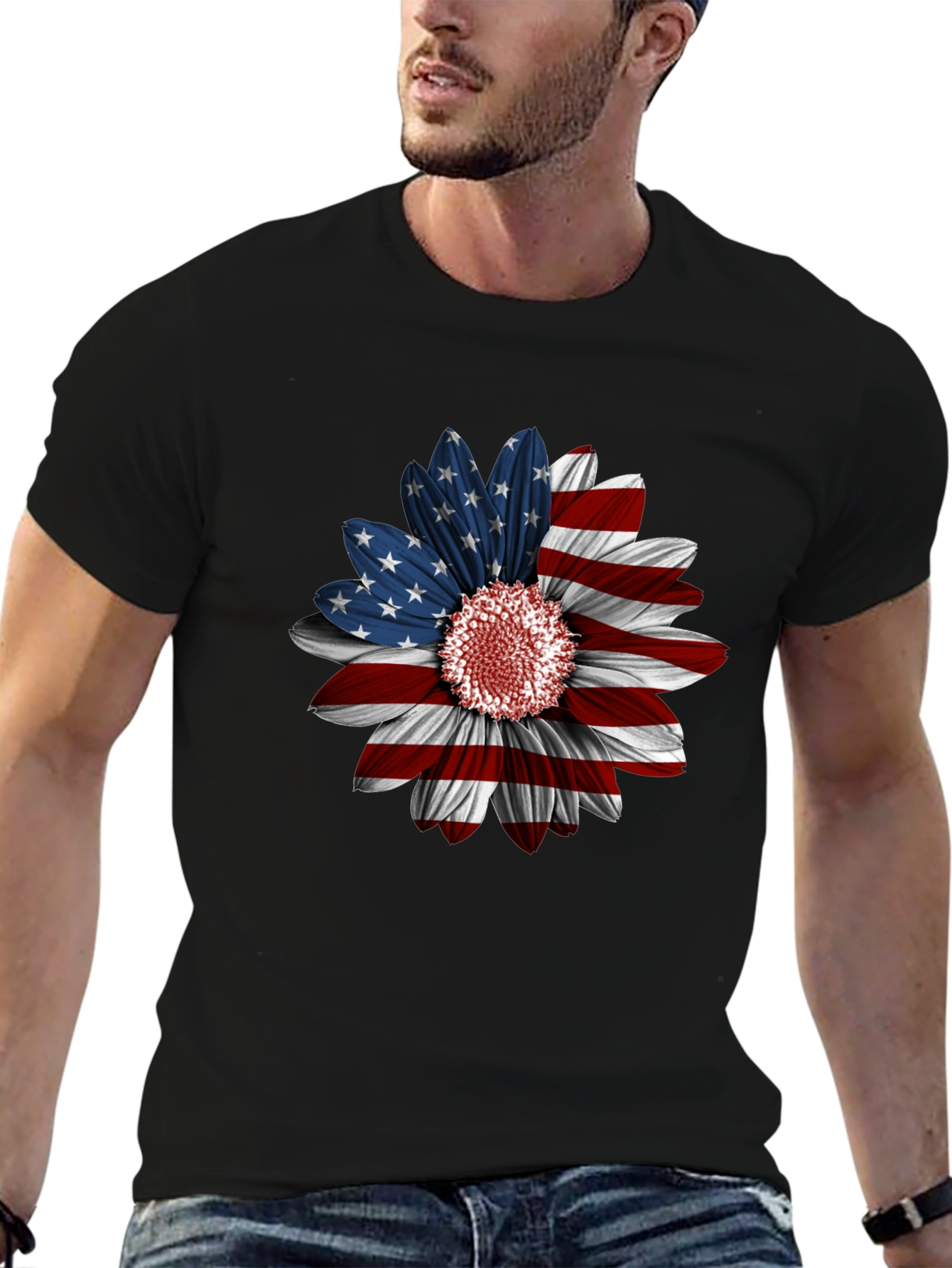 American Flag Sunflower Graphic Tee - Patriotic Style