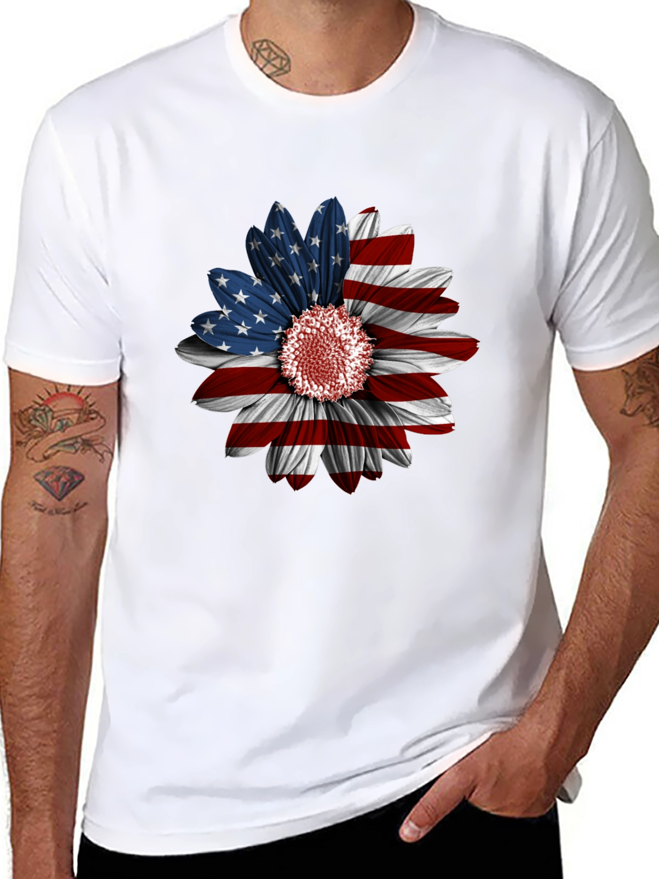 American Flag Sunflower Graphic Tee - Patriotic Style