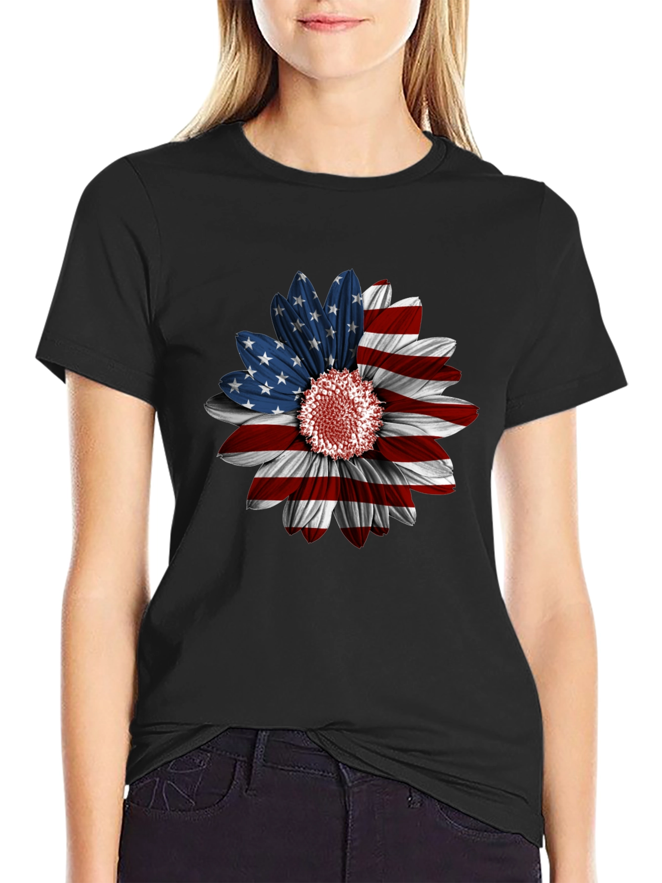 American Flag Sunflower Graphic Tee - Patriotic Style