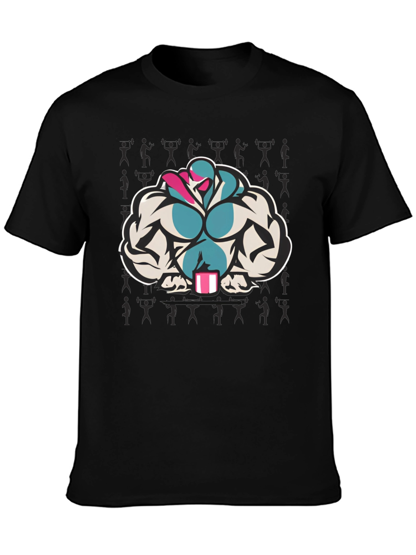 Black T-Shirt with Muscular Cartoon Graphic