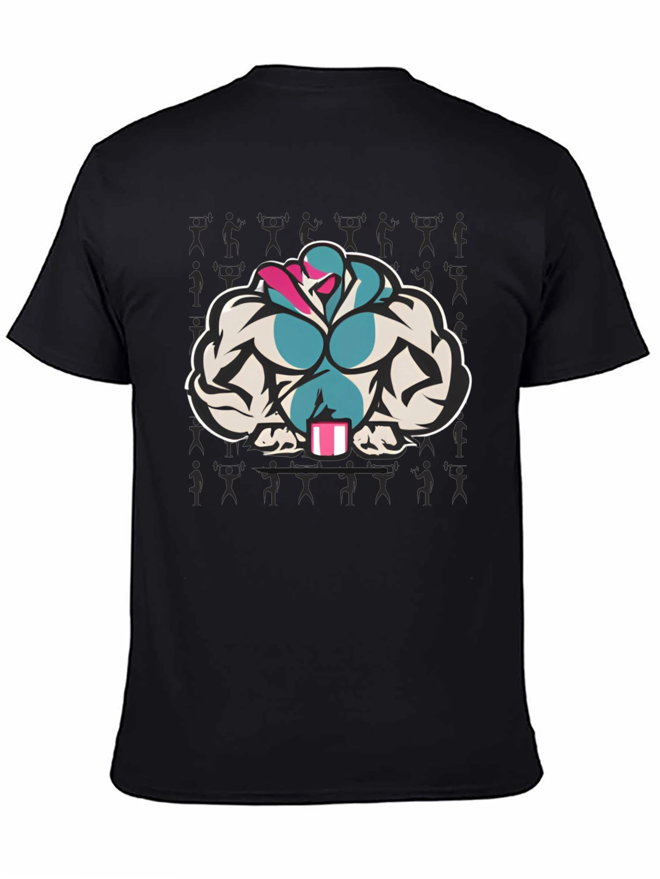 Black T-Shirt with Muscular Cartoon Graphic