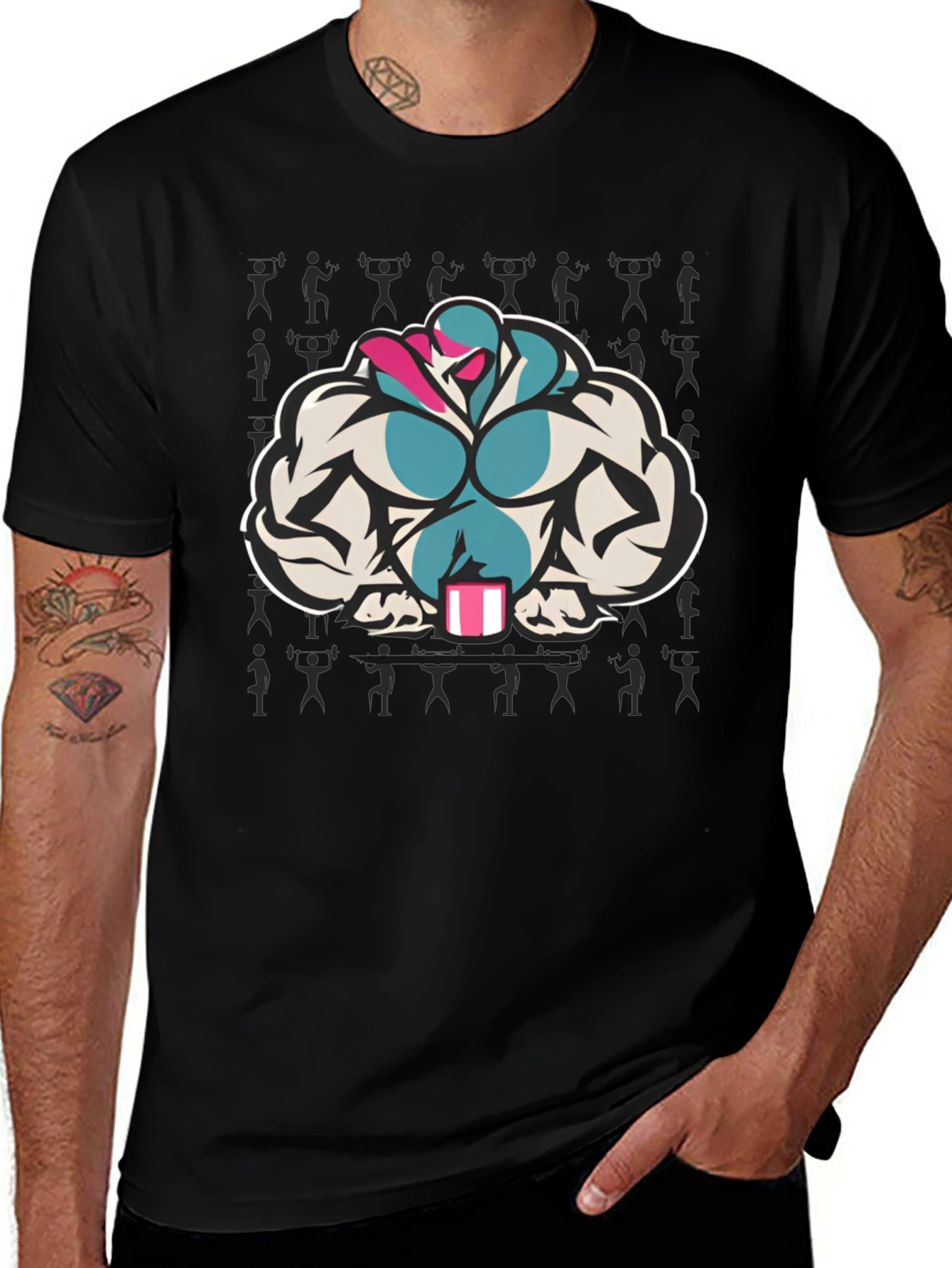 Black T-Shirt with Muscular Cartoon Graphic