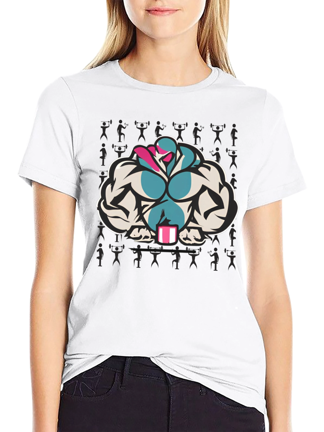 Black T-Shirt with Muscular Cartoon Graphic