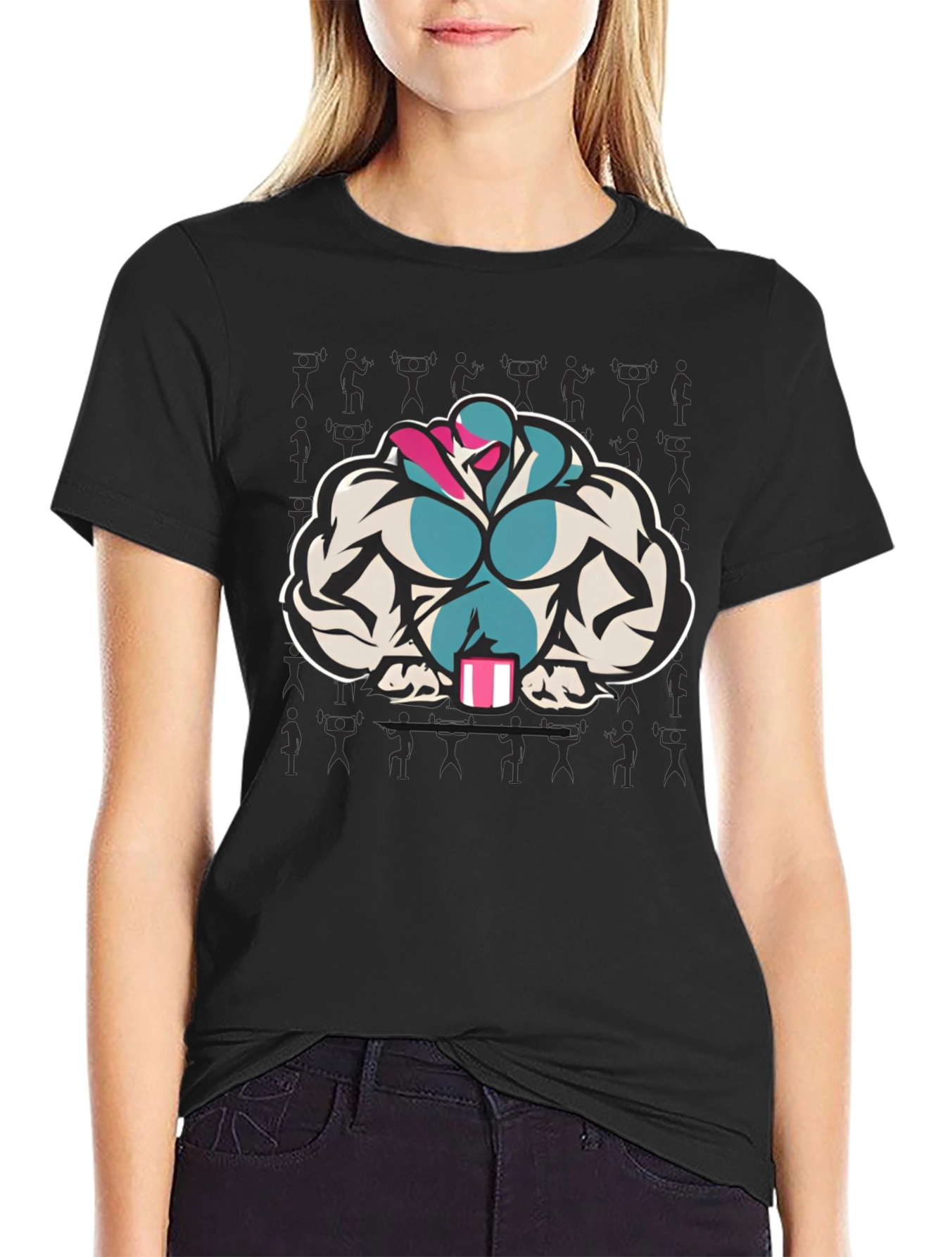 Black T-Shirt with Muscular Cartoon Graphic