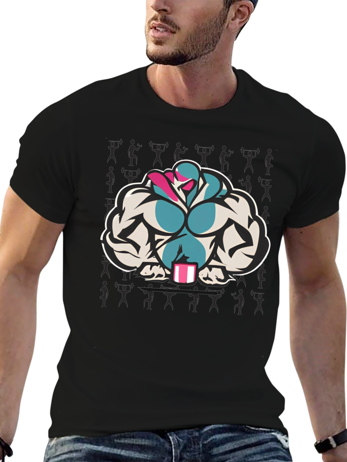 Black T-Shirt with Muscular Cartoon Graphic