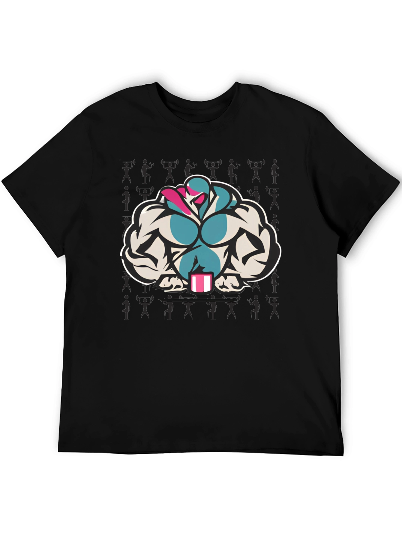 Black T-Shirt with Muscular Cartoon Graphic