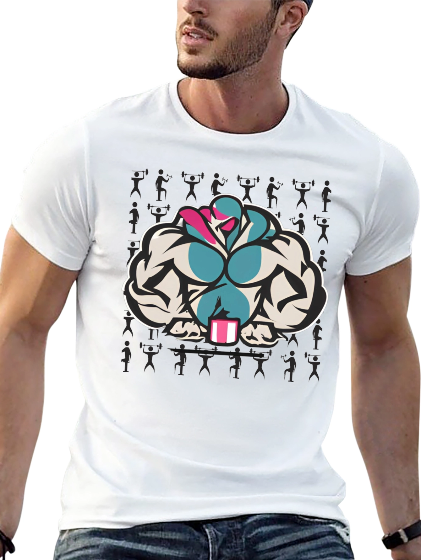 Black T-Shirt with Muscular Cartoon Graphic