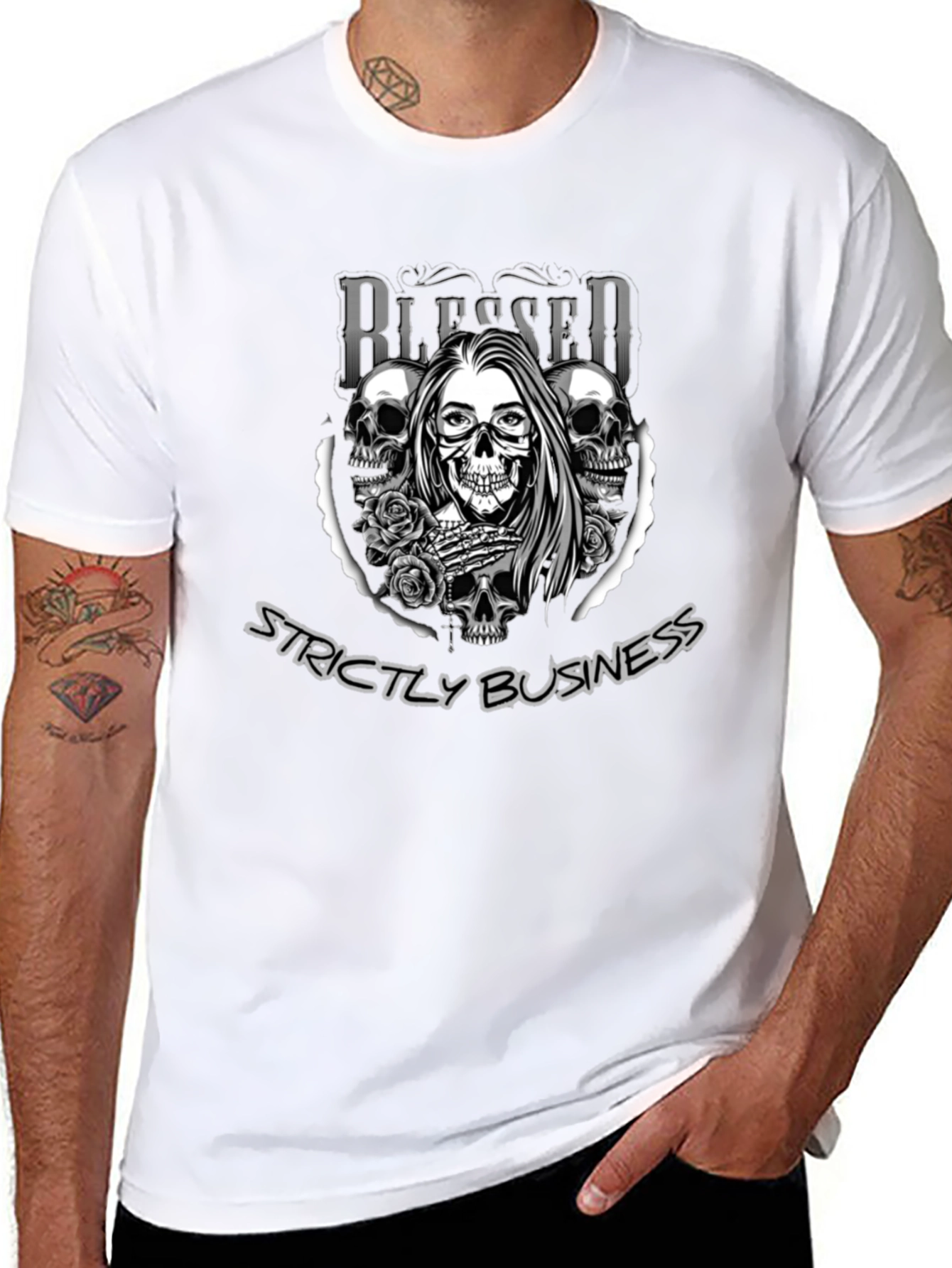 Blessed Strictly Business Skull Graphic T-Shirt
